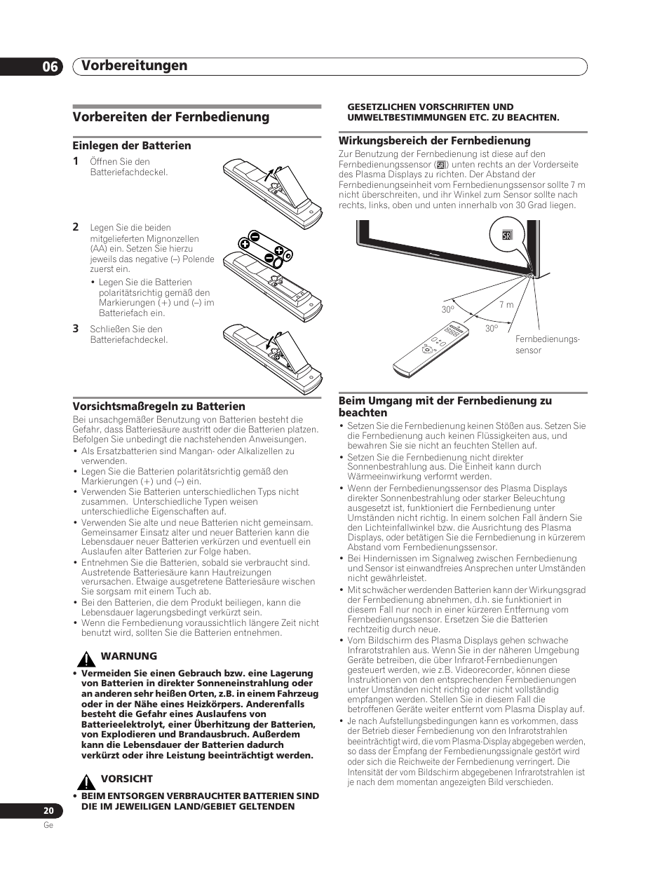 Vorbereiten der fernbedienung, Vorbereitungen 06 | Pioneer PDP-5000EX User Manual | Page 96 / 230