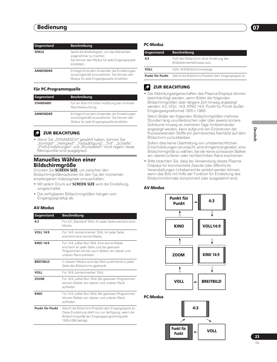 Manuelles wählen einer bildschirmgröße, Bedienung 07 | Pioneer PDP-5000EX User Manual | Page 99 / 230
