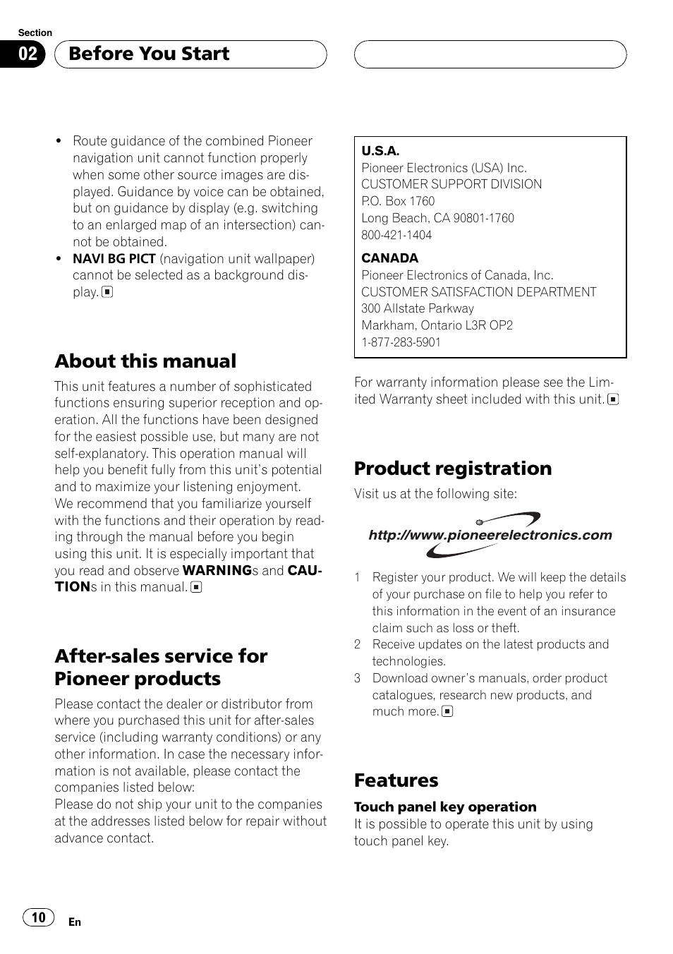 About this manual, After-sales service for pioneer products, Product registration | Features, Before you start | Pioneer AVH-P7600D User Manual | Page 10 / 112