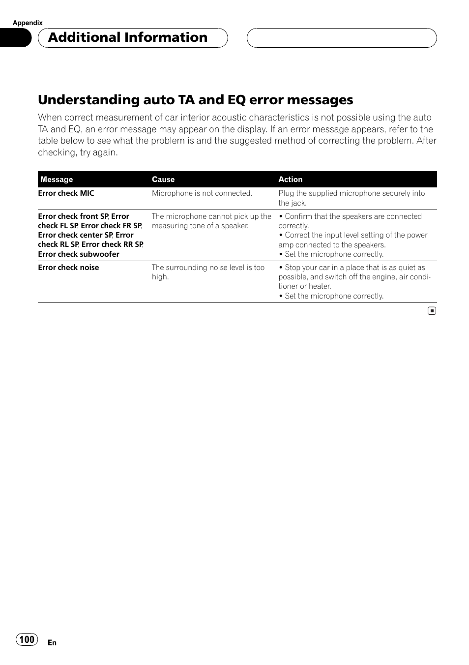 Understanding auto ta and eq error, Messages 100, Understanding auto ta and eq error messages | Additional information | Pioneer AVH-P7600D User Manual | Page 100 / 112