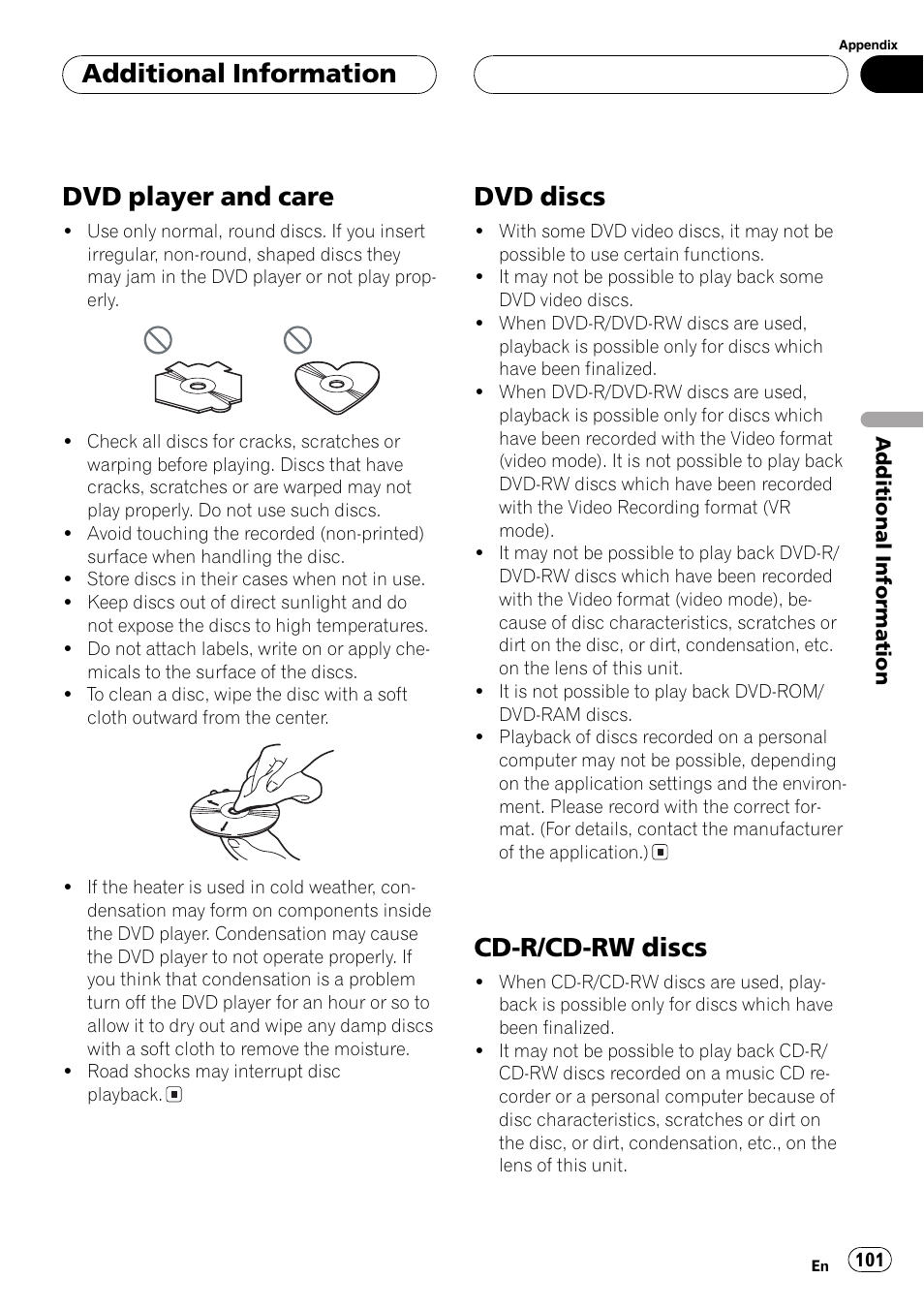 Dvd player and care, Dvd discs, Cd-r/cd-rw discs | Additional information | Pioneer AVH-P7600D User Manual | Page 101 / 112