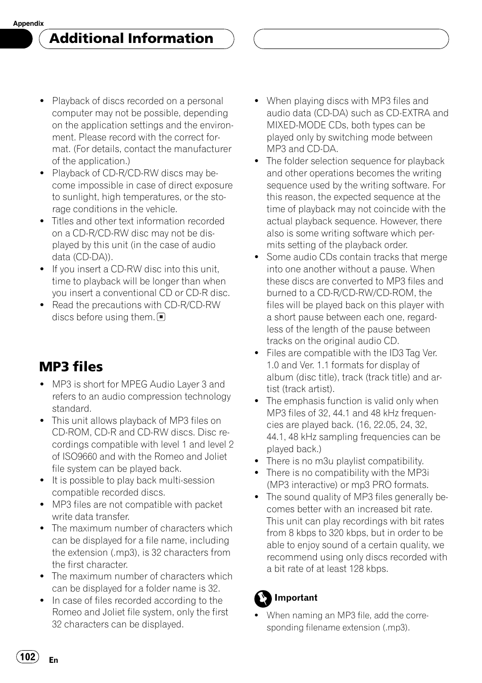 Mp3 files 102, Mp3 files, Additional information | Pioneer AVH-P7600D User Manual | Page 102 / 112