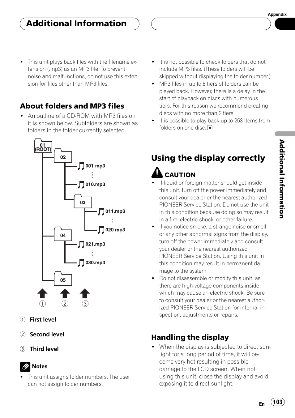 Using the display correctly 103, Using the display correctly, Additional information | About folders and mp3 files, Handling the display | Pioneer AVH-P7600D User Manual | Page 103 / 112
