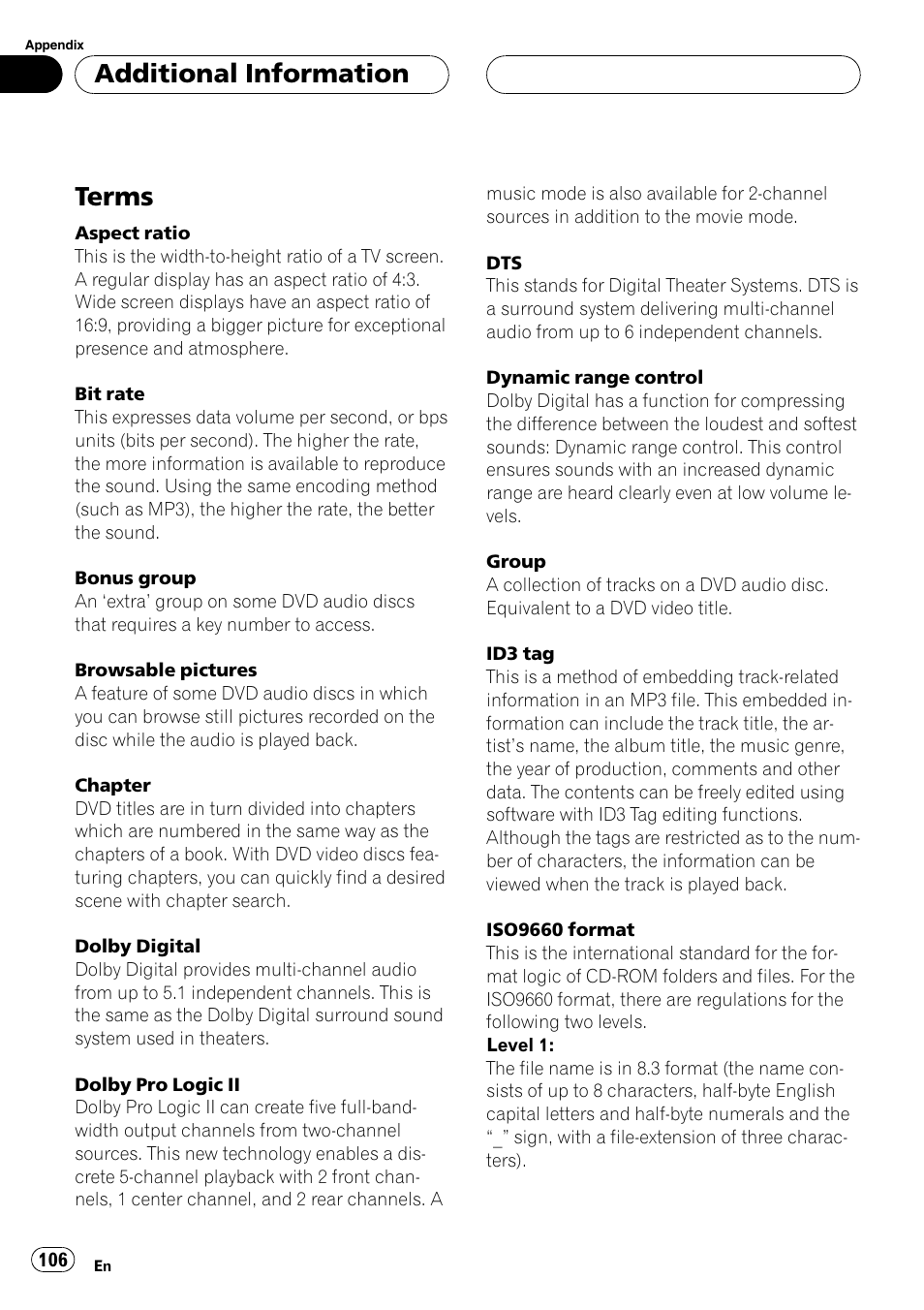 Terms 106, Terms, Additional information | Pioneer AVH-P7600D User Manual | Page 106 / 112