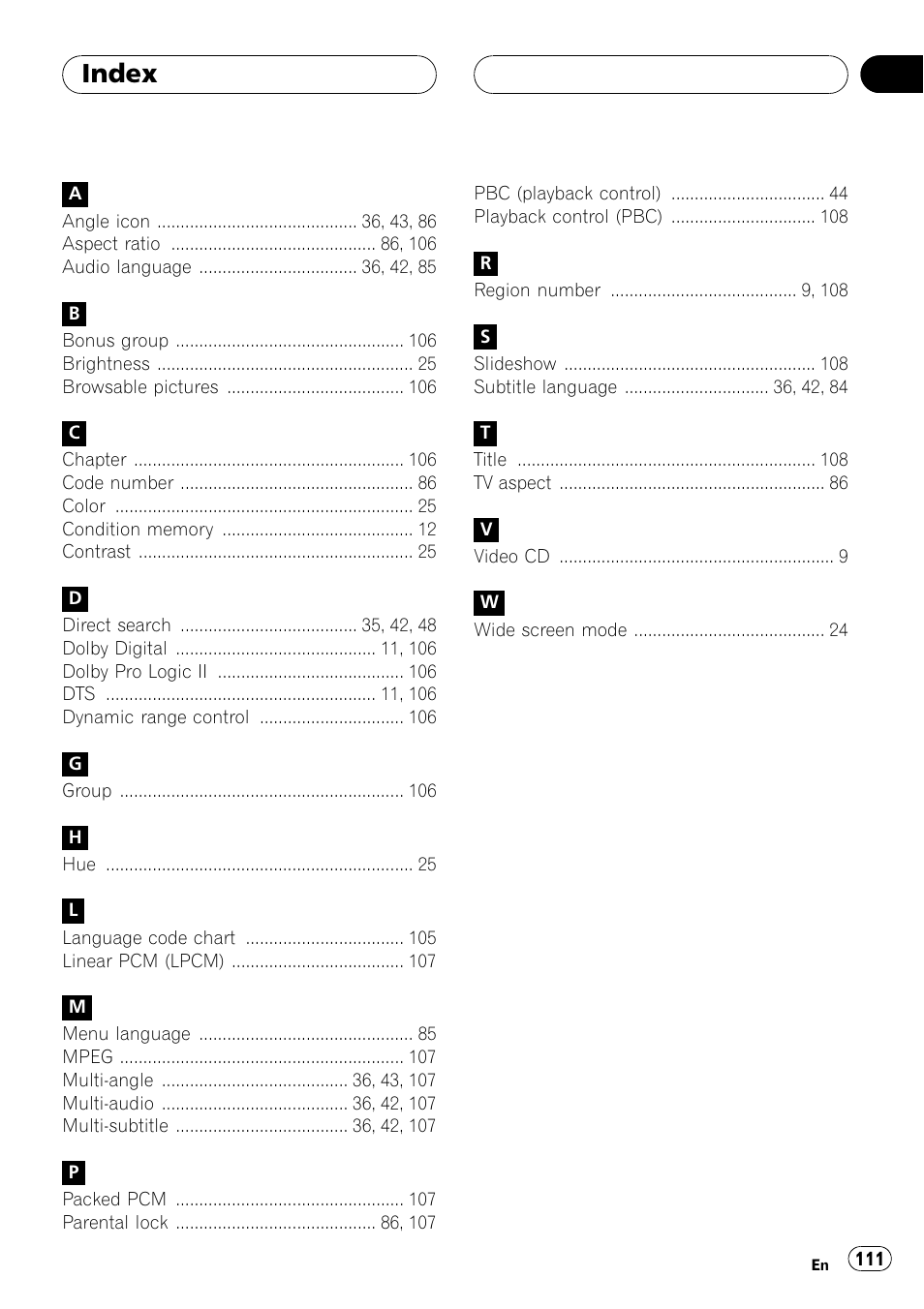Index 111, Index | Pioneer AVH-P7600D User Manual | Page 111 / 112