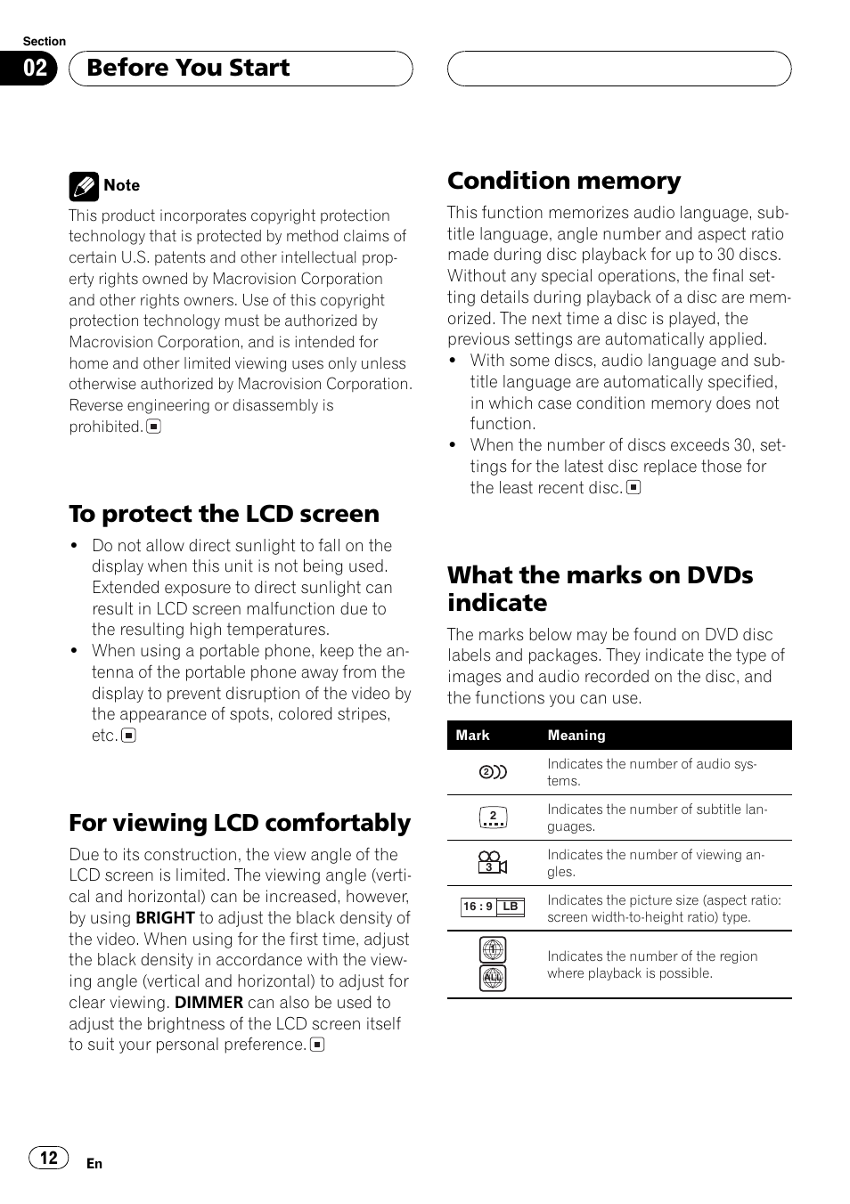 For viewing lcd comfortably, What the marks on dvds indicate, Before you start | Pioneer AVH-P7600D User Manual | Page 12 / 112