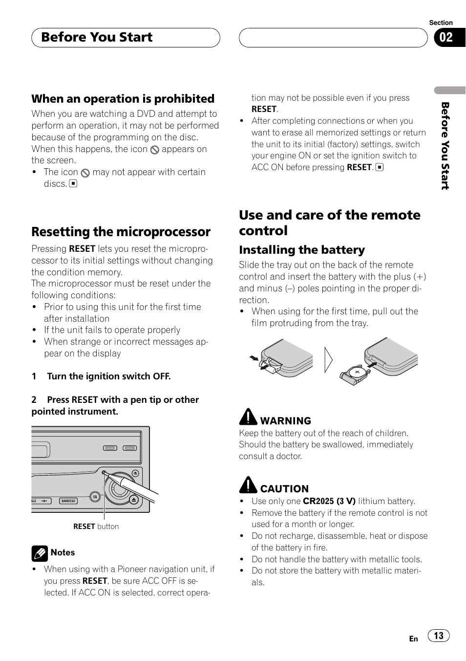 When an operation is prohibited 13, Resetting the microprocessor, Use and care of the remote control | Before you start | Pioneer AVH-P7600D User Manual | Page 13 / 112