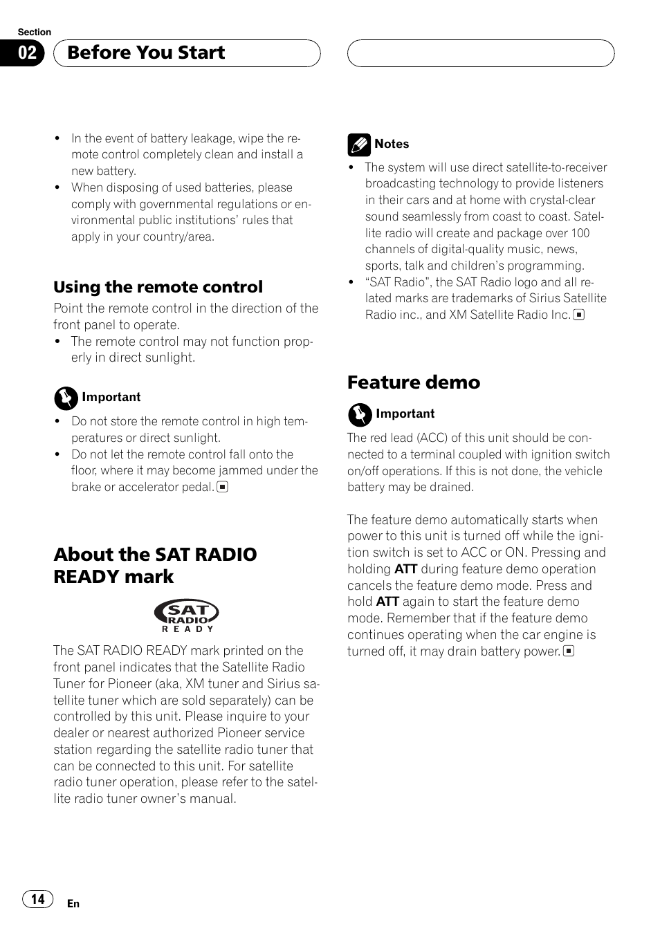 About the sat radio ready mark 14 feature demo 14, About the sat radio ready mark, Feature demo | Before you start, Using the remote control | Pioneer AVH-P7600D User Manual | Page 14 / 112