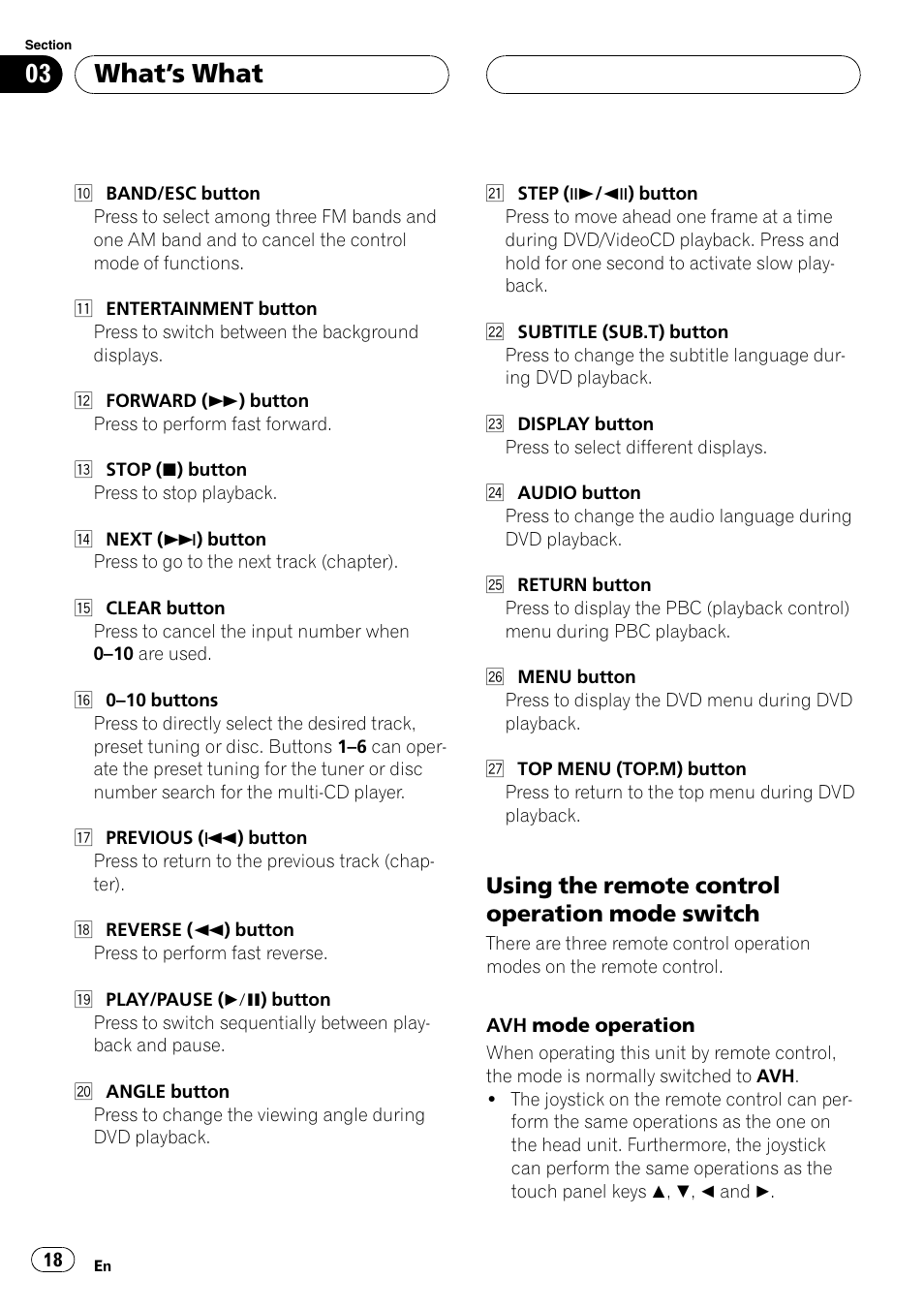 Using the remote control, Whats what, Using the remote control operation mode switch | Pioneer AVH-P7600D User Manual | Page 18 / 112