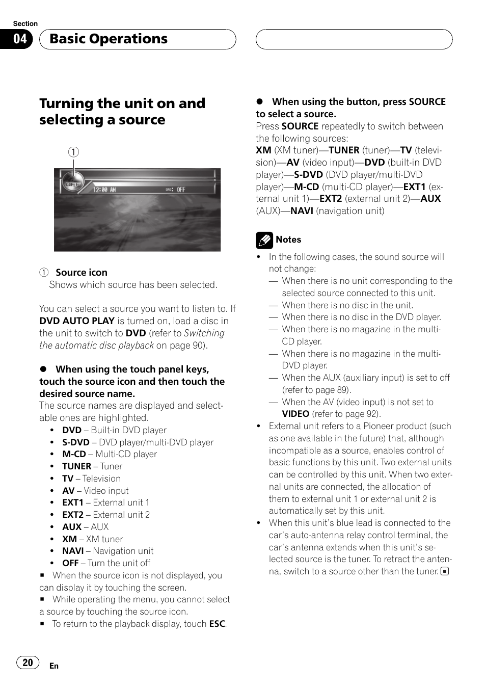 Source 20, Turning the unit on and selecting a source, Basicoperations | Pioneer AVH-P7600D User Manual | Page 20 / 112