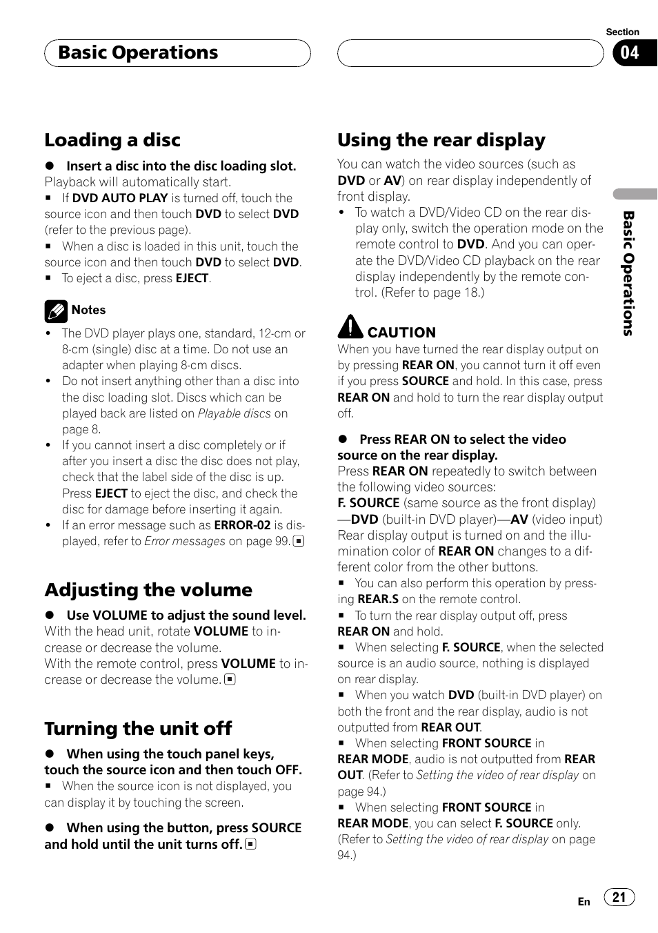 Using the rear display 21, Loading a disc, Adjusting the volume | Turning the unit off, Using the rear display, Basicoperations | Pioneer AVH-P7600D User Manual | Page 21 / 112