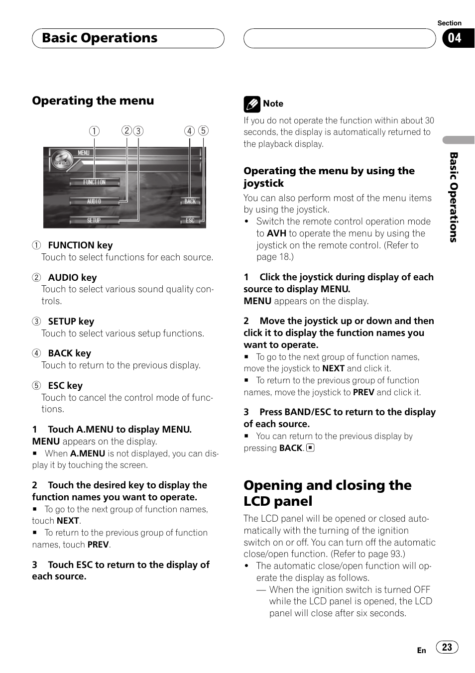 Opening and closing the lcd panel 23, Opening and closing the lcd panel, Basicoperations | Pioneer AVH-P7600D User Manual | Page 23 / 112