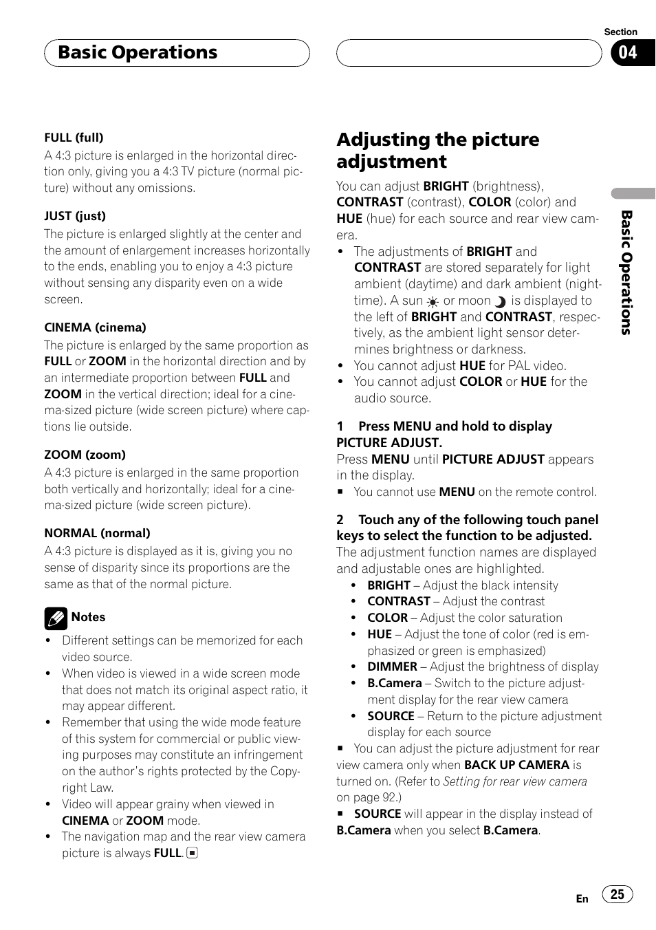 Adjusting the picture adjustment 25, Adjusting the picture adjustment, Basicoperations | Pioneer AVH-P7600D User Manual | Page 25 / 112