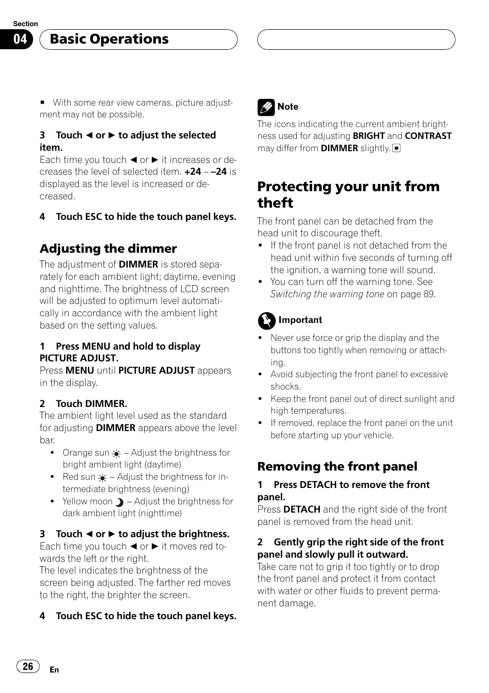 Protecting your unit from theft 26, Protecting your unit from theft, Basicoperations | Adjusting the dimmer, Removing the front panel | Pioneer AVH-P7600D User Manual | Page 26 / 112