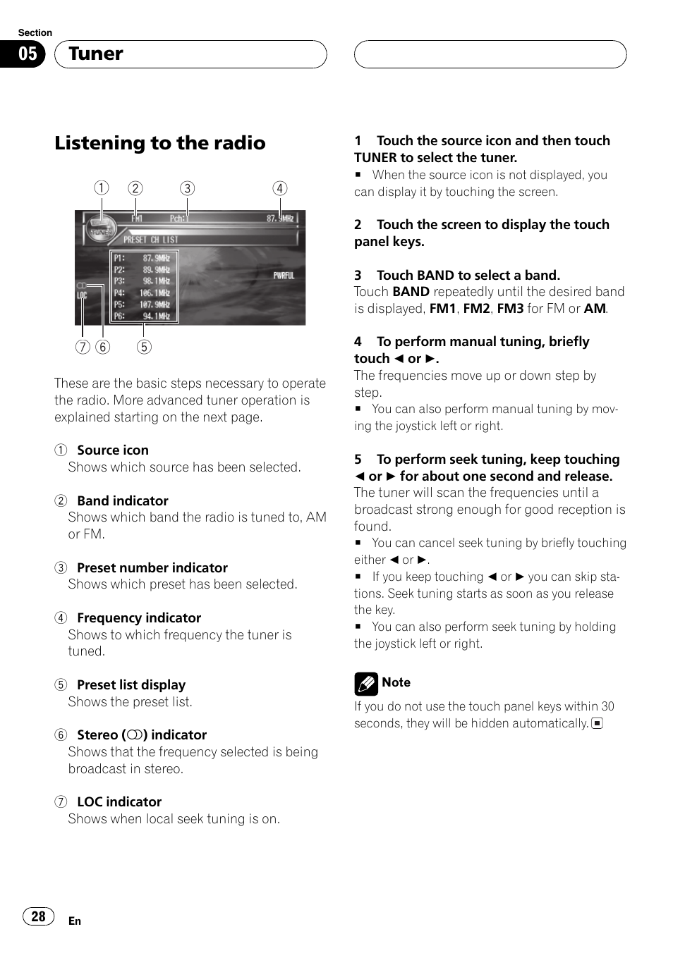 Tuner listening to the radio 28, Listening to the radio, Tuner | Pioneer AVH-P7600D User Manual | Page 28 / 112