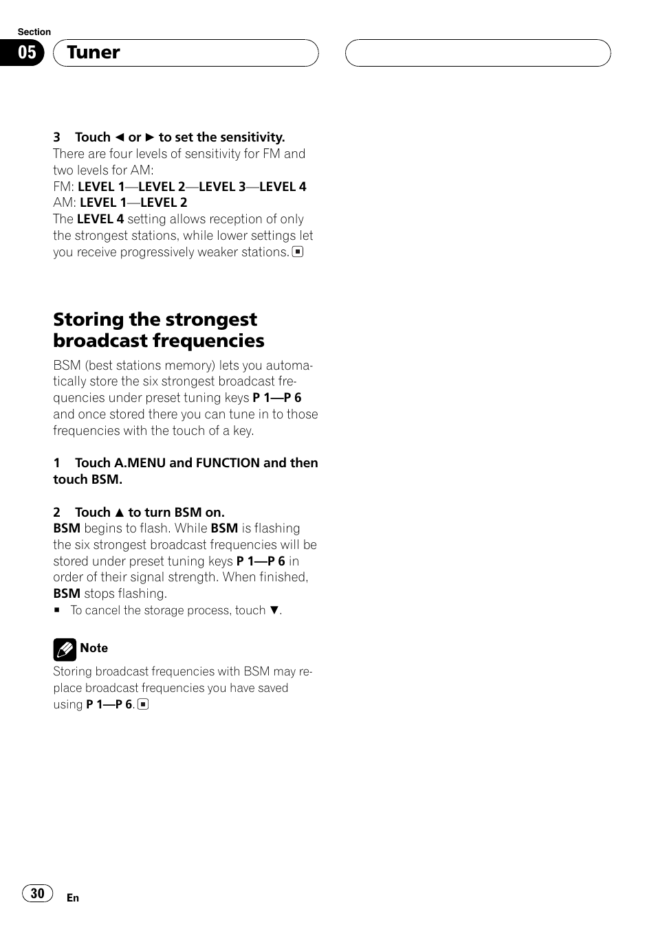 Storing the strongest broadcast, Frequencies 30, Storing the strongest broadcast frequencies | Tuner | Pioneer AVH-P7600D User Manual | Page 30 / 112