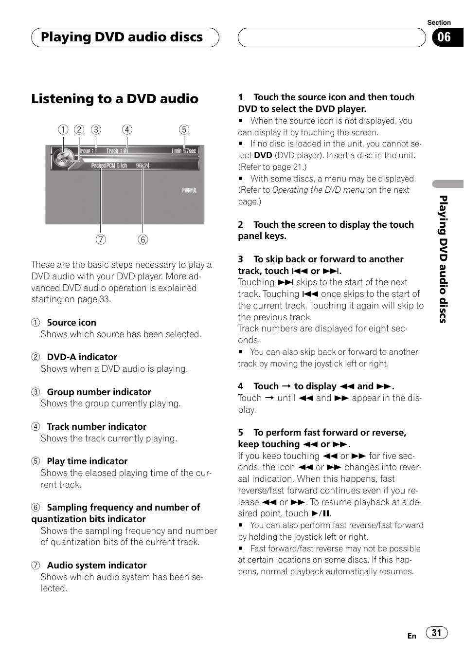Listening to a dvd audio, Playing dvd audio discs | Pioneer AVH-P7600D User Manual | Page 31 / 112