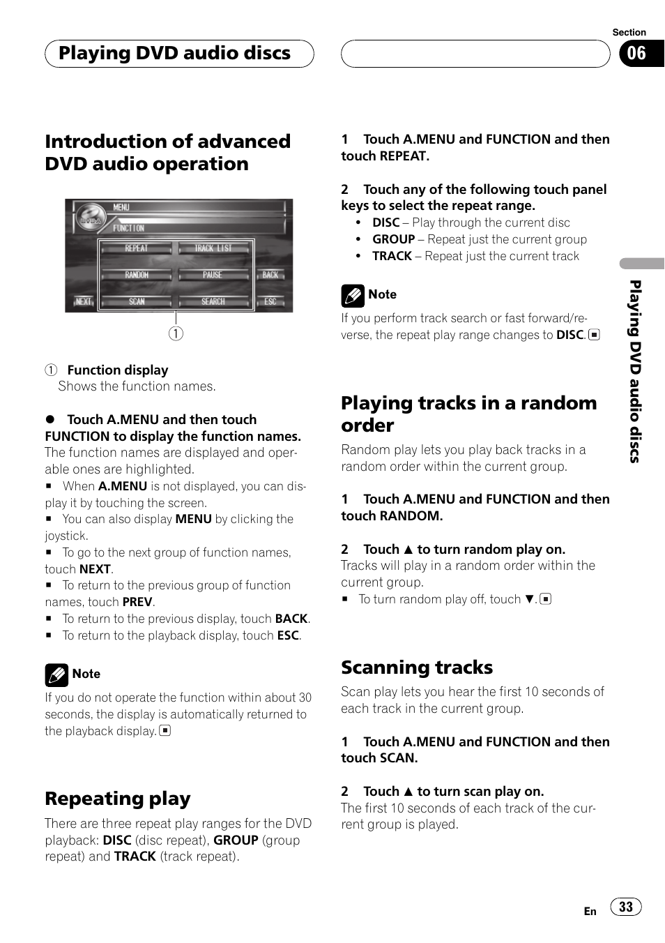 Introduction of advanced dvd audio, Operation 33, Introduction of advanced dvd audio operation | Repeating play, Playing tracks in a random order, Scanning tracks, Playing dvd audio discs | Pioneer AVH-P7600D User Manual | Page 33 / 112