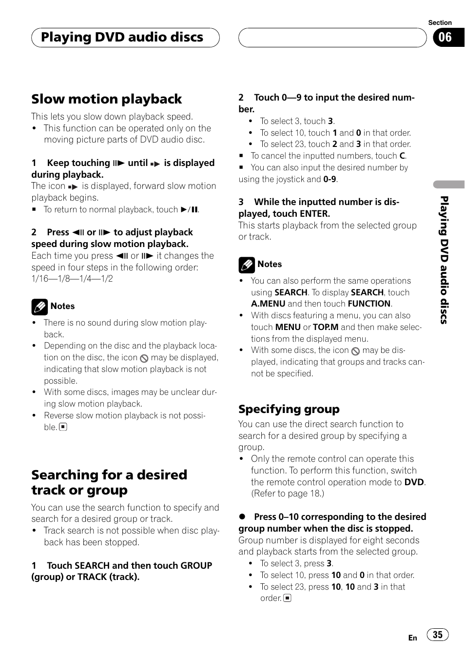 Slow motion playback, Searching for a desired track or group, Playing dvd audio discs | Specifying group | Pioneer AVH-P7600D User Manual | Page 35 / 112