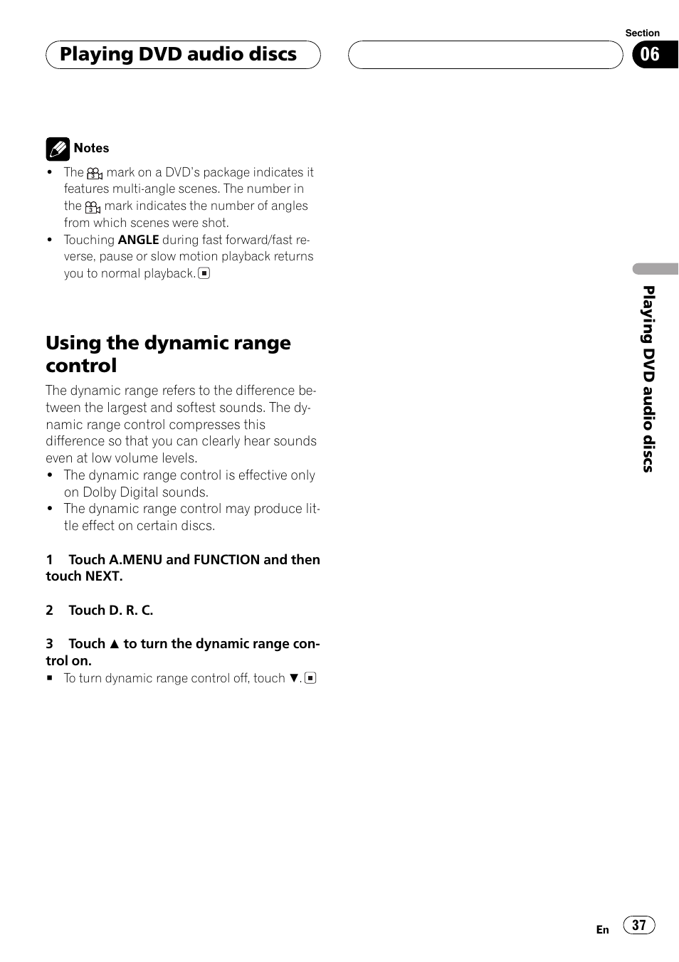 Using the dynamic range control 37, Using the dynamicrange control, Playing dvd audio discs | Pioneer AVH-P7600D User Manual | Page 37 / 112
