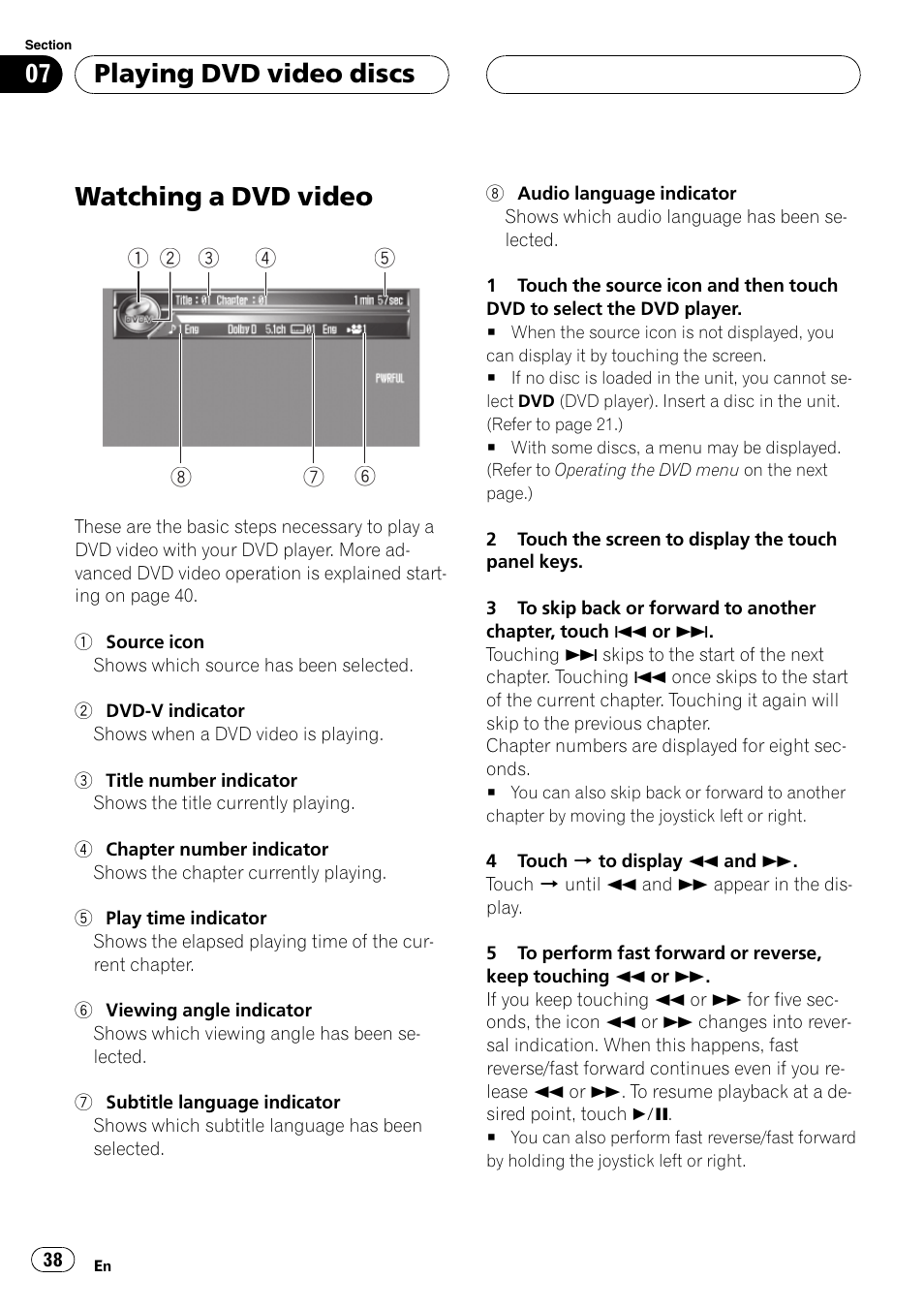 Playing dvd video discs watching a dvd video 38, Watching a dvd video, Playing dvd video discs | Pioneer AVH-P7600D User Manual | Page 38 / 112