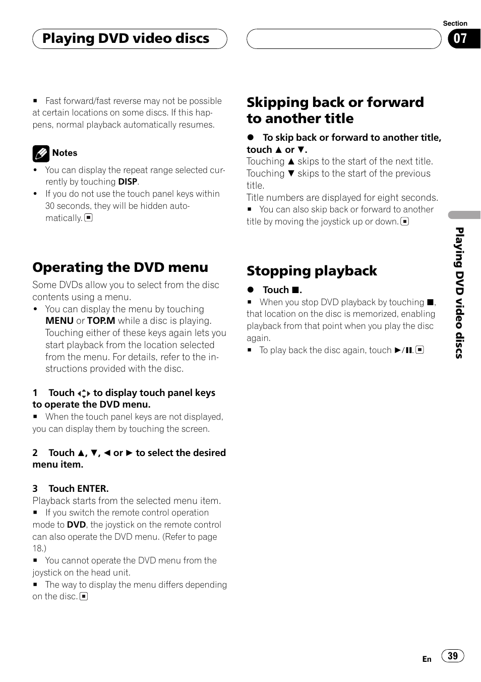 Operating the dvd menu, Skipping back or forward to another title, Stopping playback | Playing dvd video discs | Pioneer AVH-P7600D User Manual | Page 39 / 112