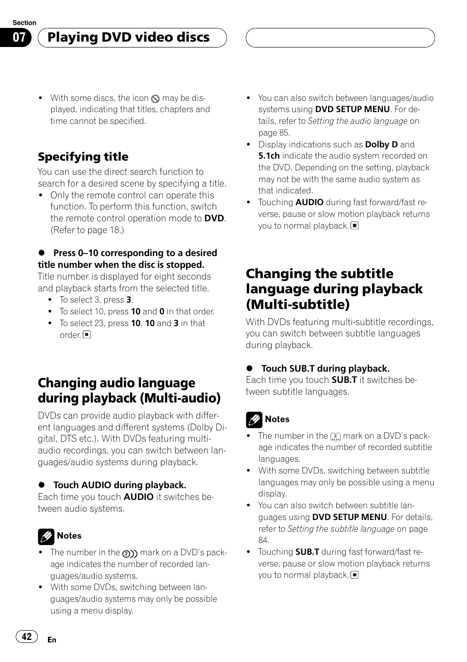 Changing audio language during playback, Multi-audio) 42, Changing the subtitle language during | Playback (multi-subtitle) 42, Playing dvd video discs, Specifying title | Pioneer AVH-P7600D User Manual | Page 42 / 112