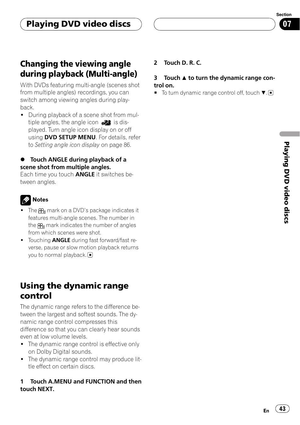 Changing the viewing angle during playback, Multi-angle) 43, Using the dynamic range control 43 | Using the dynamicrange control, Playing dvd video discs | Pioneer AVH-P7600D User Manual | Page 43 / 112
