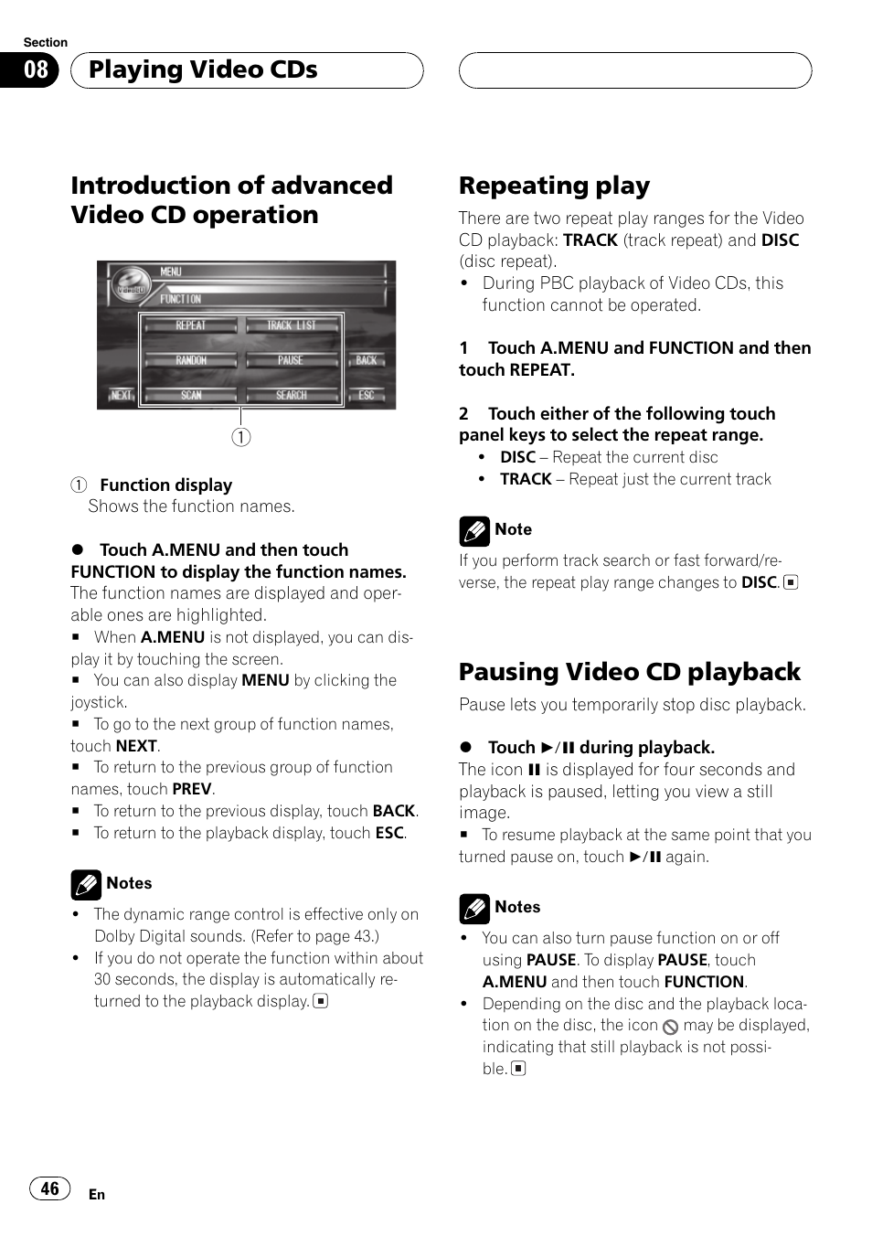Introduction of advanced video cd, Operation 46, Repeating play 46 pausing video cd playback 46 | Introduction of advanced video cd operation, Repeating play, Pausing video cd playback, Playing video cds | Pioneer AVH-P7600D User Manual | Page 46 / 112