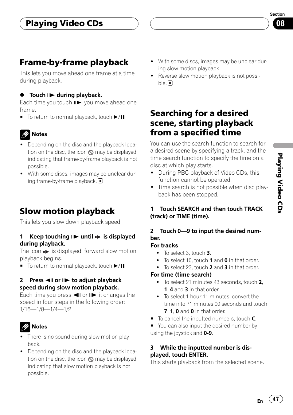 Playback from a specified time 47, Frame-by-frame playback, Slow motion playback | Playing video cds | Pioneer AVH-P7600D User Manual | Page 47 / 112