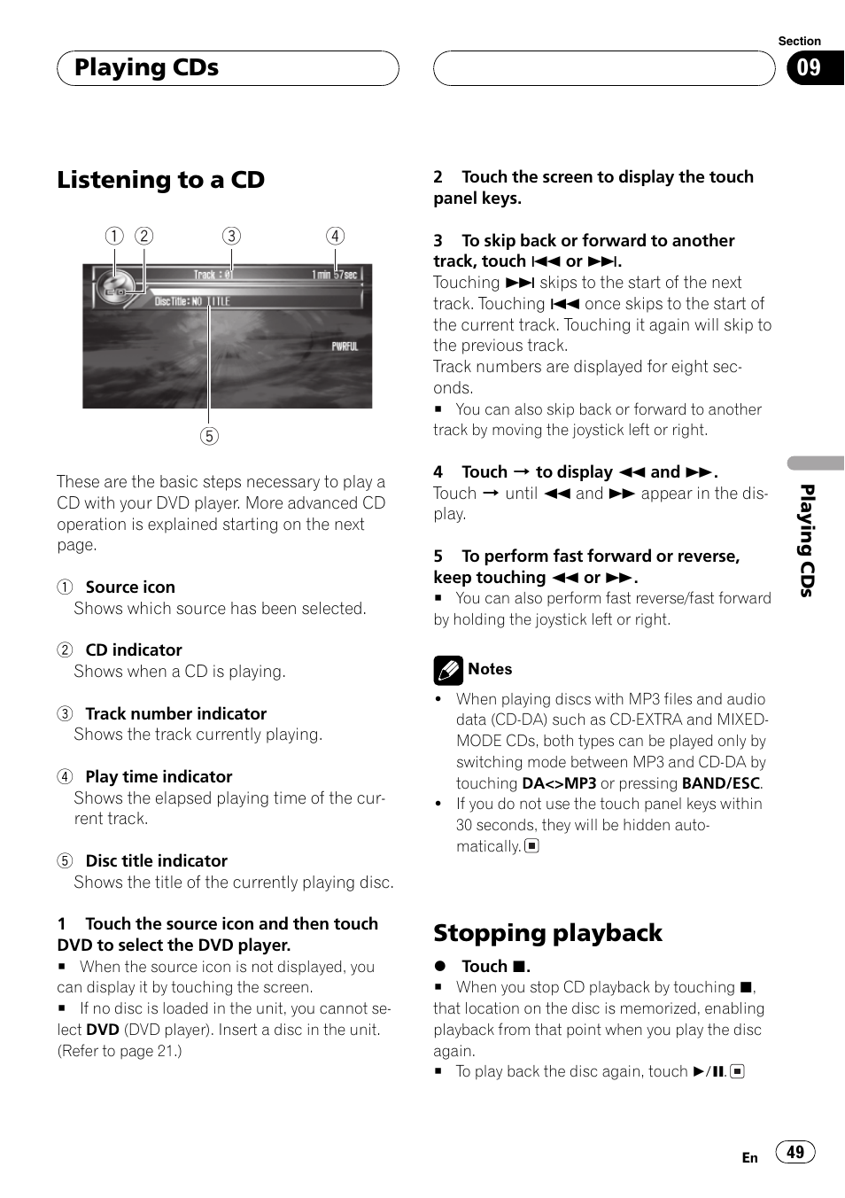 Listening to a cd, Stopping playback, Playing cds | Pioneer AVH-P7600D User Manual | Page 49 / 112