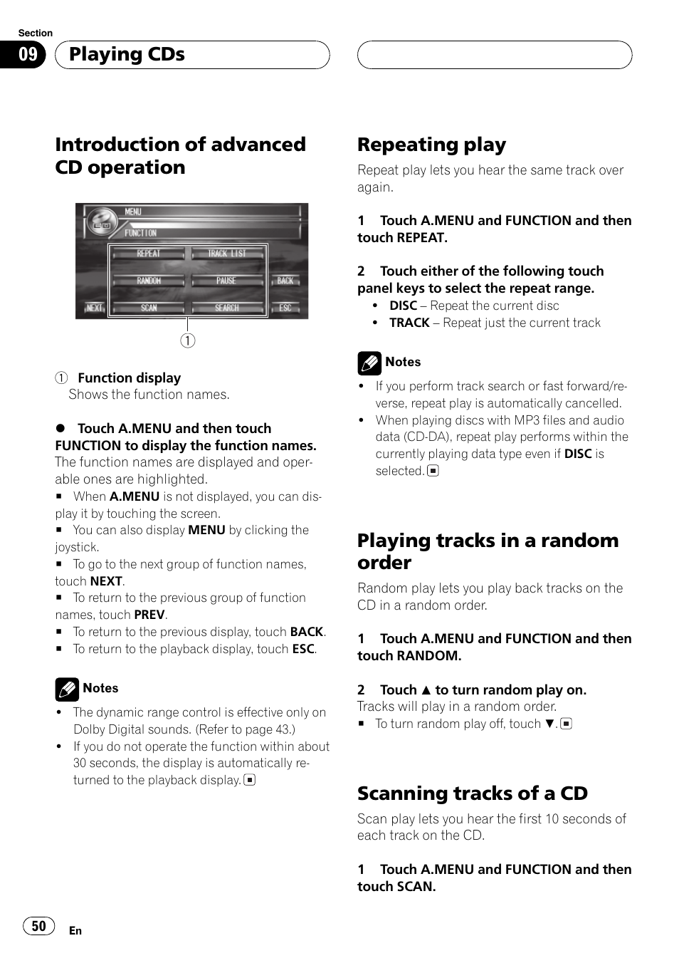 Introduction of advanced cd operation, Repeating play, Playing tracks in a random order | Scanning tracks of a cd, Playing cds | Pioneer AVH-P7600D User Manual | Page 50 / 112