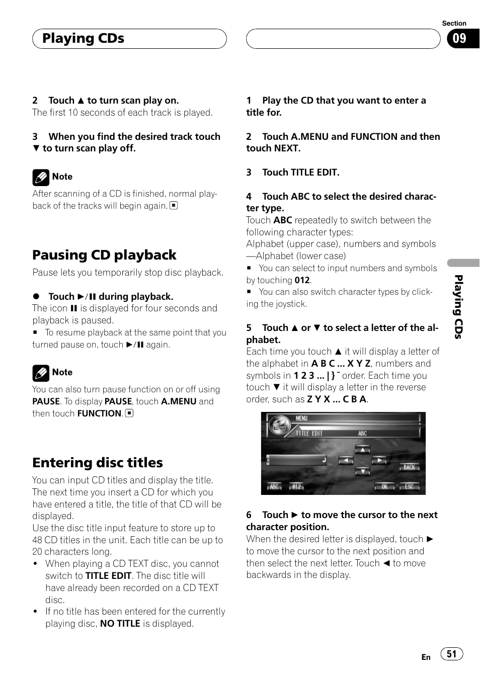 Pausing cd playback 51 entering disc titles 51, Pausing cd playback, Entering disctitles | Playing cds | Pioneer AVH-P7600D User Manual | Page 51 / 112