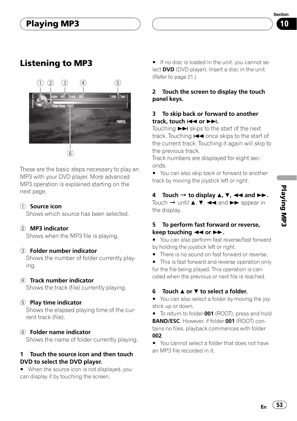 Playing mp3 listening to mp3 53, Listening to mp3, Playing mp3 | Pioneer AVH-P7600D User Manual | Page 53 / 112