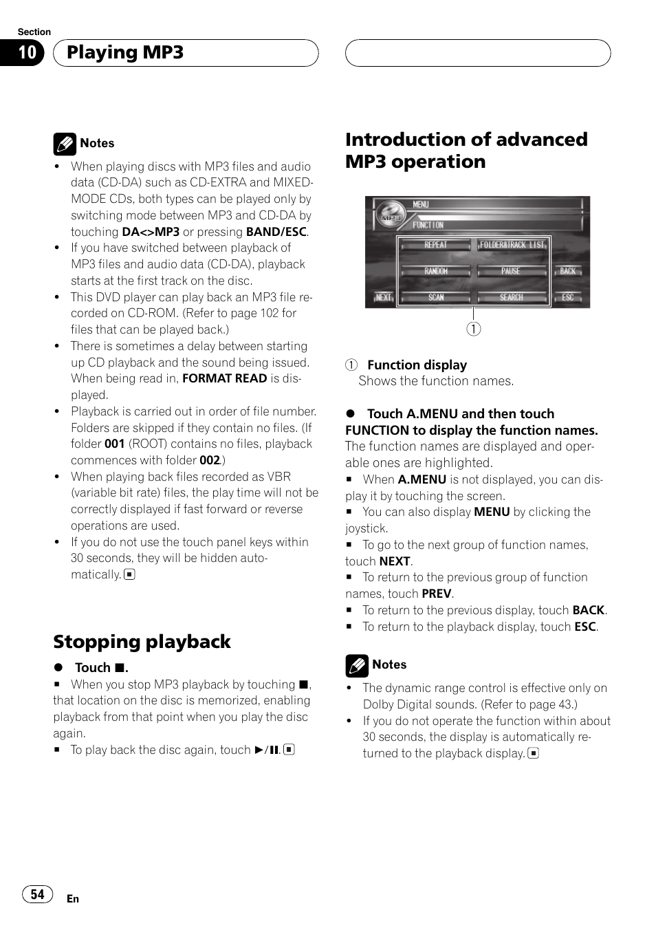 Stopping playback, Introduction of advanced mp3 operation, Playing mp3 | Pioneer AVH-P7600D User Manual | Page 54 / 112