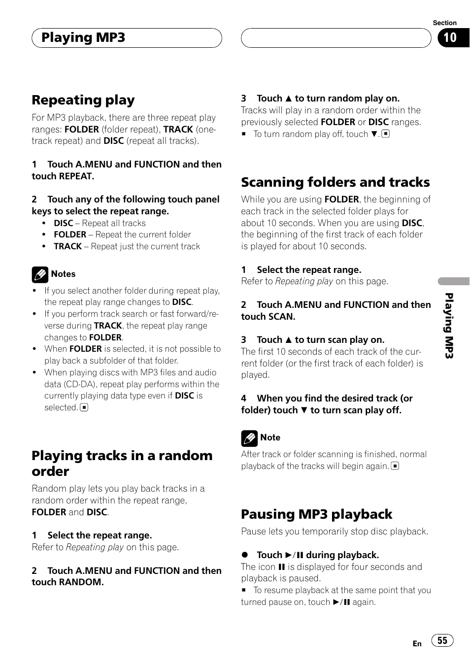 Repeating play, Playing tracks in a random order, Scanning folders and tracks | Pausing mp3 playback, Playing mp3 | Pioneer AVH-P7600D User Manual | Page 55 / 112