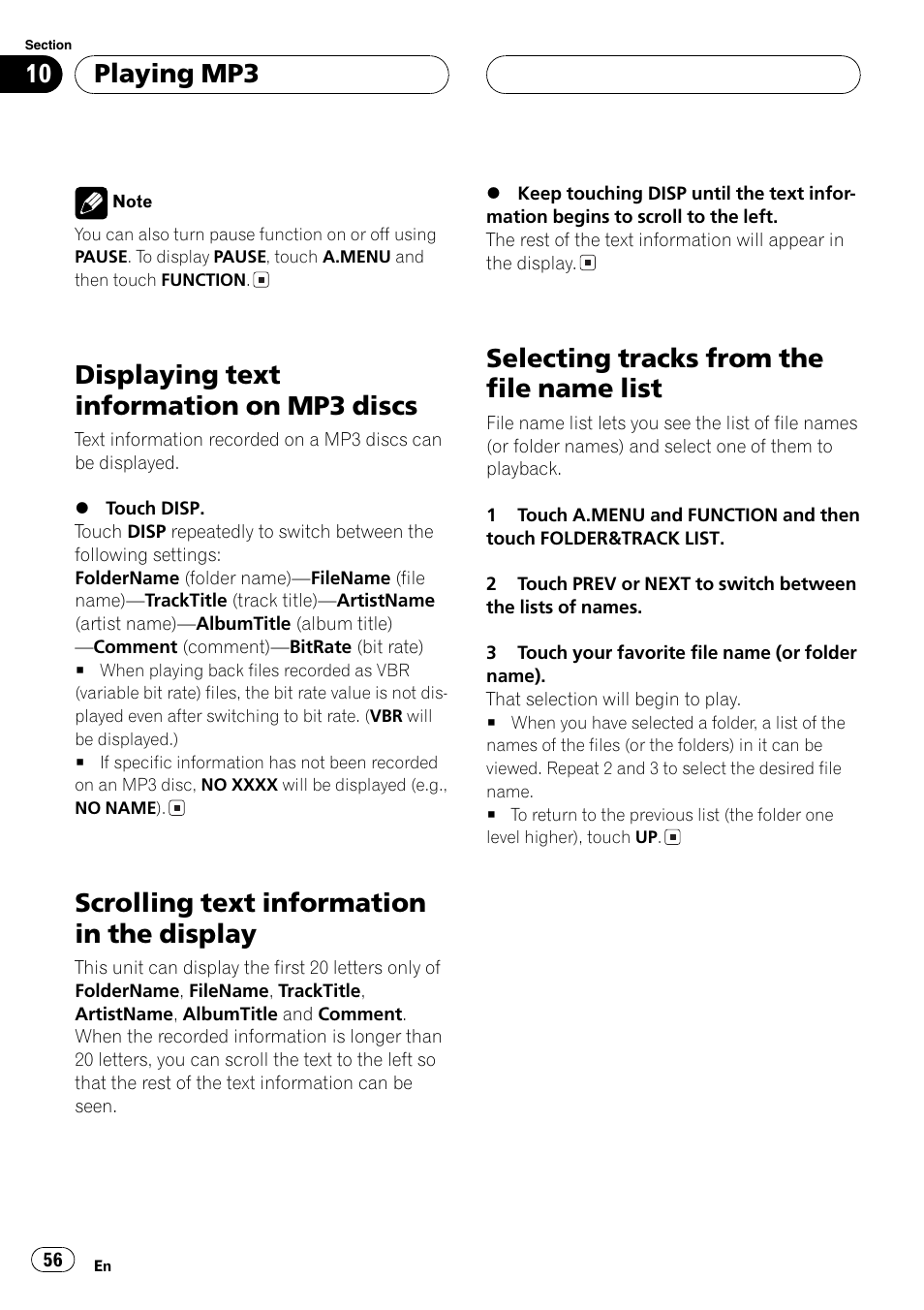 Displaying text information on mp3, Discs 56, Displaying text information on mp3 discs | Scrolling text information in the display, Selecting tracks from the file name list, Playing mp3 | Pioneer AVH-P7600D User Manual | Page 56 / 112