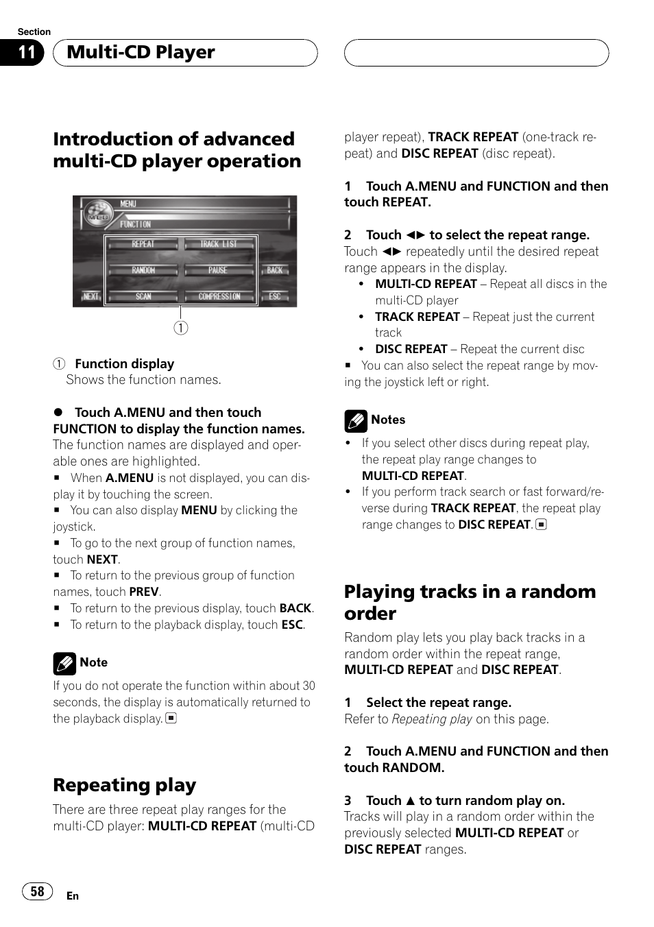 Introduction of advanced multi-cd player, Operation 58, Introduction of advanced multi-cd player operation | Repeating play, Playing tracks in a random order, Multi-cd player | Pioneer AVH-P7600D User Manual | Page 58 / 112