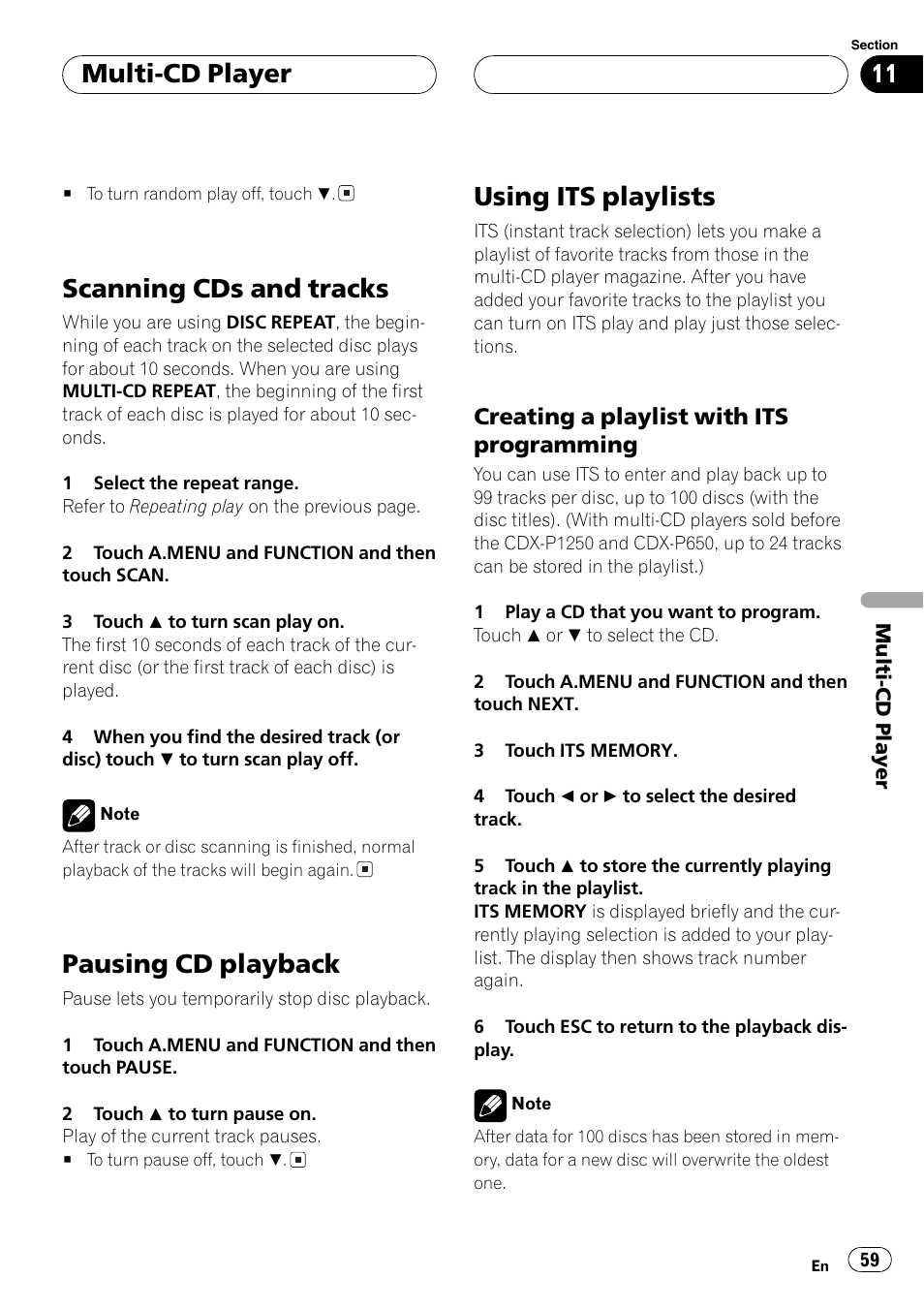 Scanning cds and tracks, Pausing cd playback, Using its playlists | Multi-cd player | Pioneer AVH-P7600D User Manual | Page 59 / 112