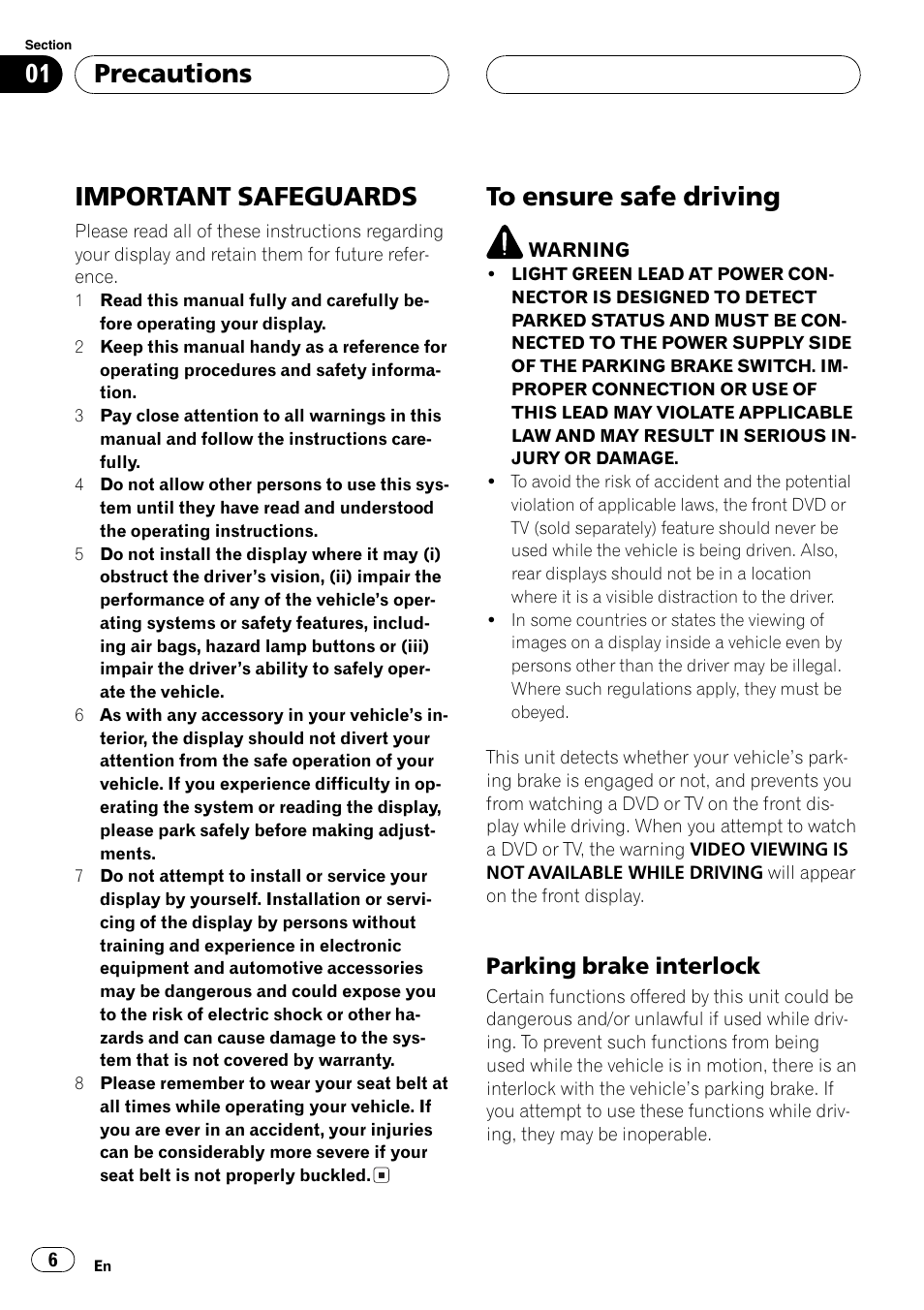 Important safeguards, Precautions, Parking brake interlock | Pioneer AVH-P7600D User Manual | Page 6 / 112