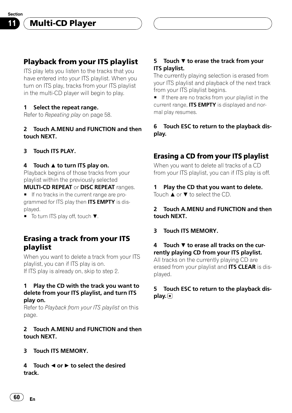 Multi-cd player, Playback from your its playlist, Erasing a track from your its playlist | Erasing a cd from your its playlist | Pioneer AVH-P7600D User Manual | Page 60 / 112