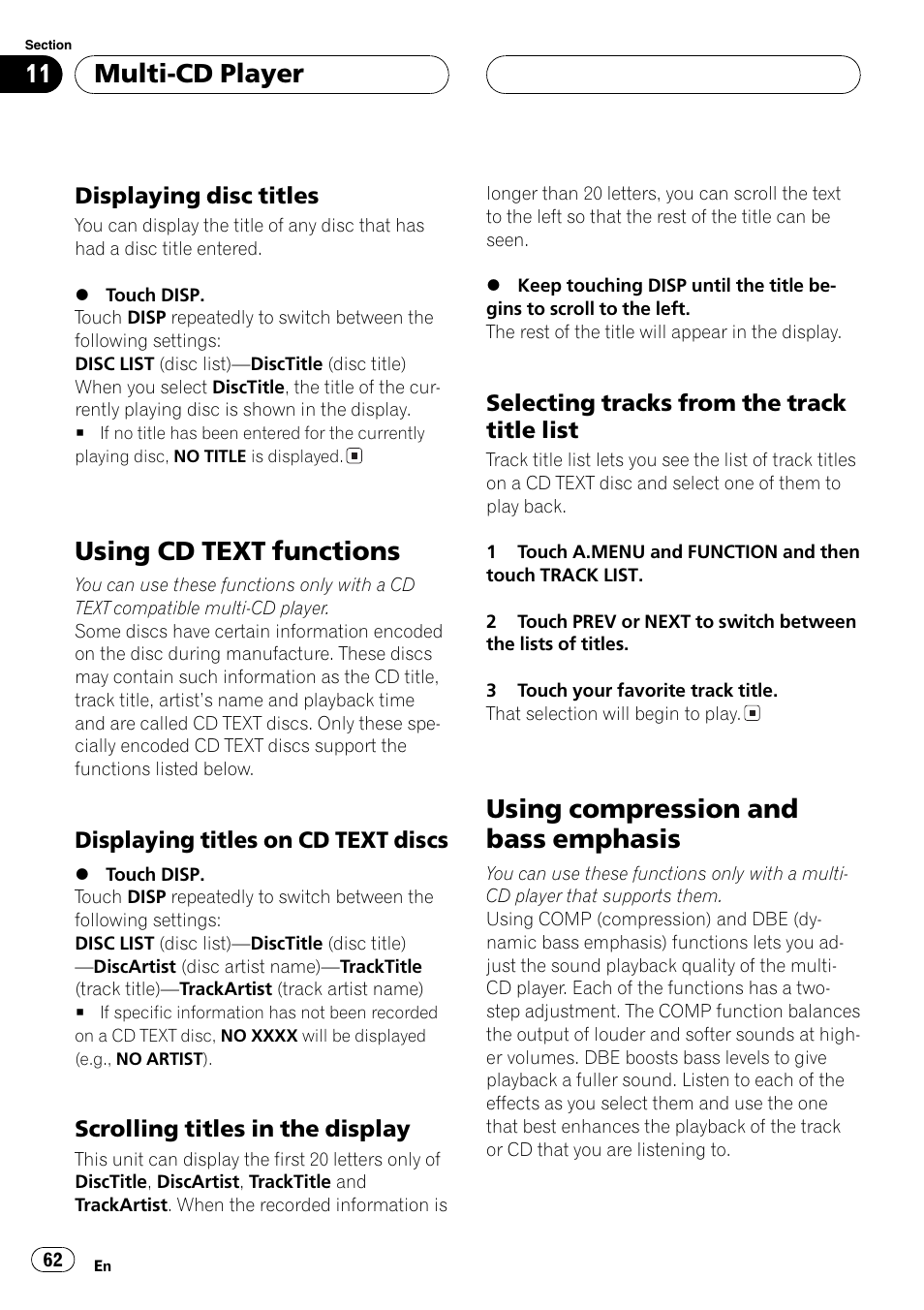 Using cd text functions, Using compression and bass emphasis, Multi-cd player | Pioneer AVH-P7600D User Manual | Page 62 / 112