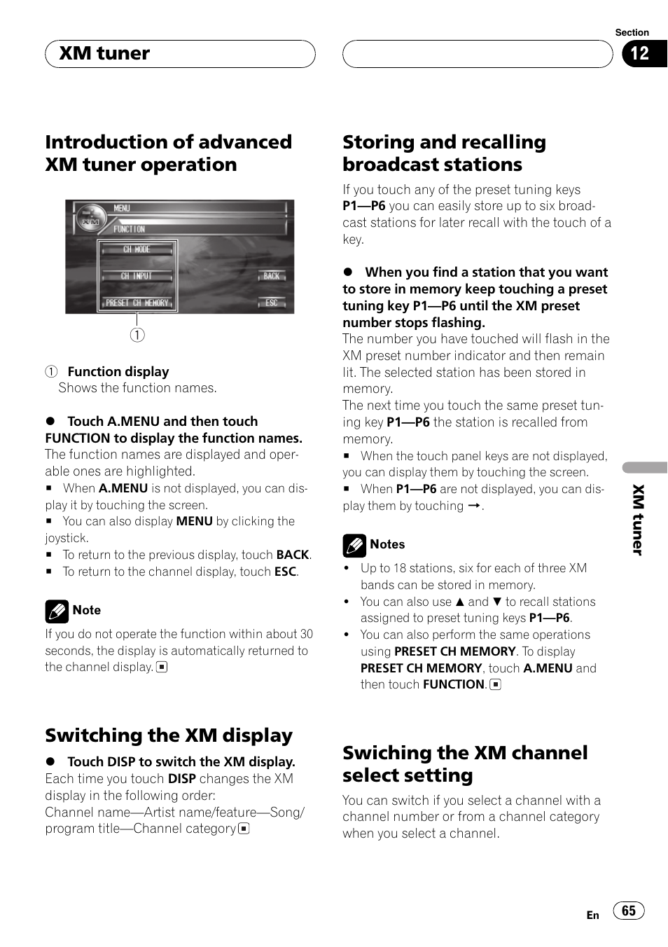 Introduction of advanced xm tuner, Operation 65, Introduction of advanced xm tuner operation | Switching the xm display, Storing and recalling broadcast stations, Swiching the xm channel select setting, Xm tuner | Pioneer AVH-P7600D User Manual | Page 65 / 112
