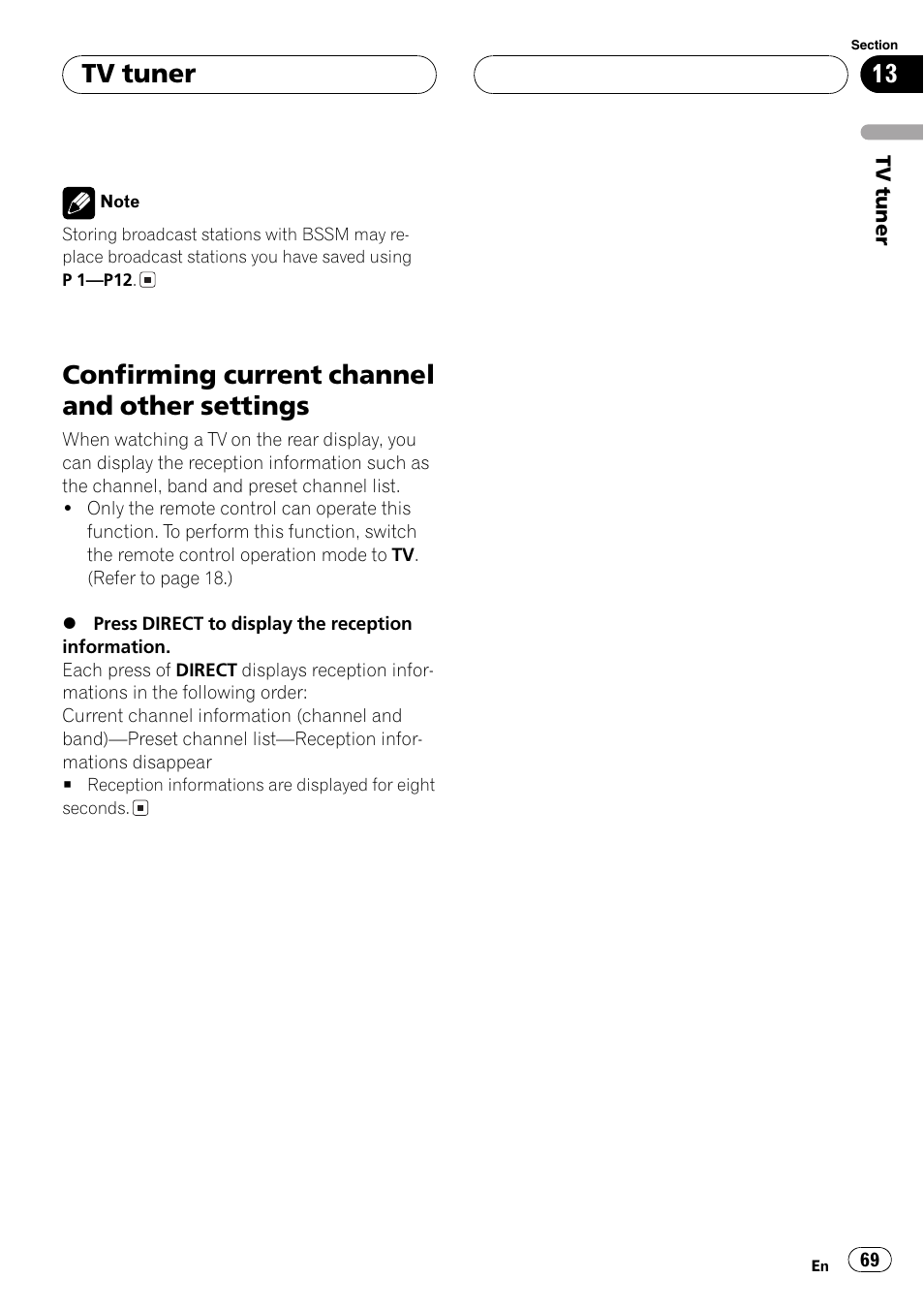 Confirming current channel and other, Settings 69, Confirming current channel and other settings | Tv tuner | Pioneer AVH-P7600D User Manual | Page 69 / 112