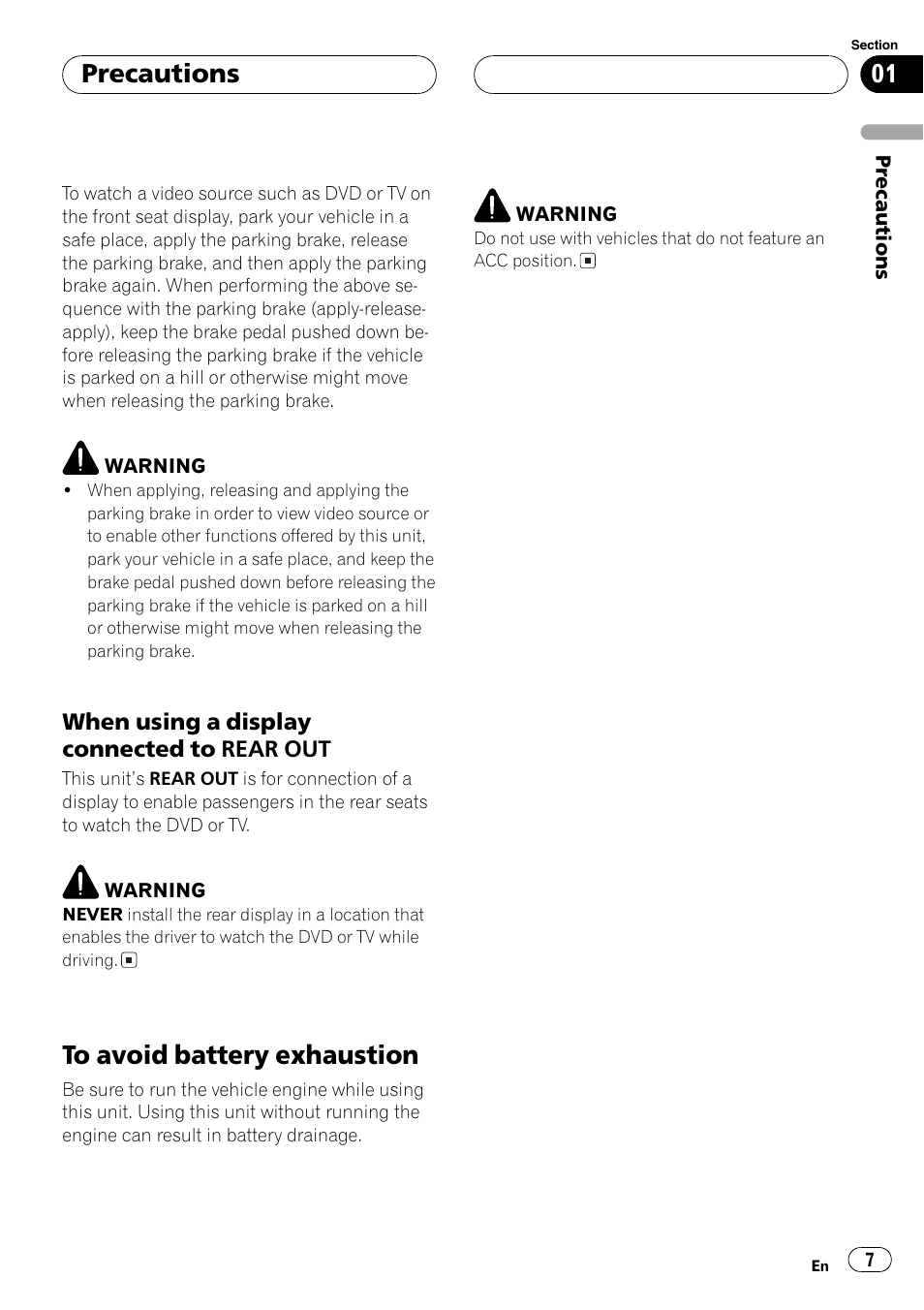 To avoid battery exhaustion 7, Precautions | Pioneer AVH-P7600D User Manual | Page 7 / 112
