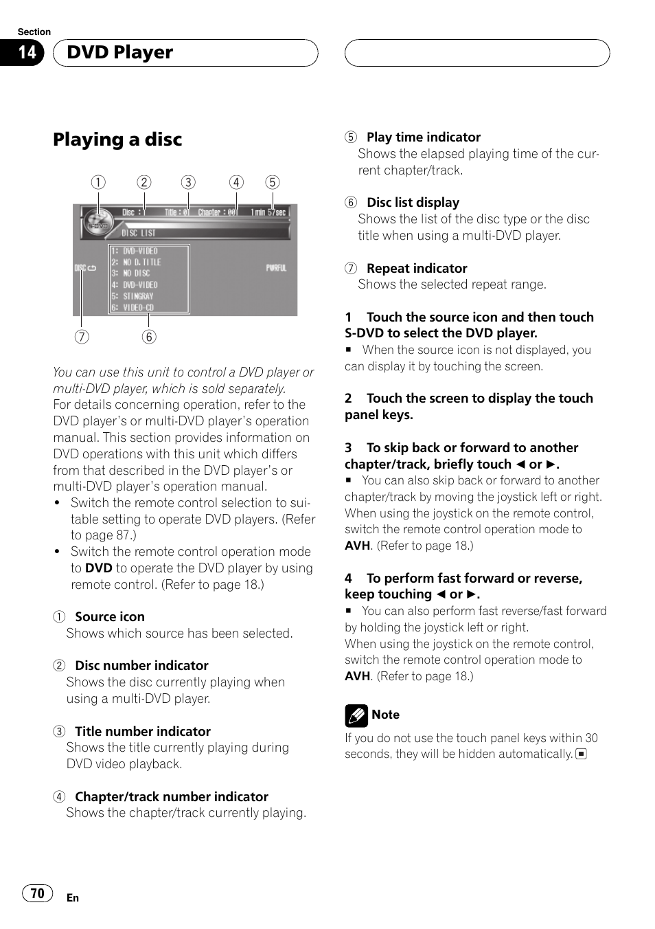 Dvd player playing a disc 70, Playing a disc, Dvd player | Pioneer AVH-P7600D User Manual | Page 70 / 112