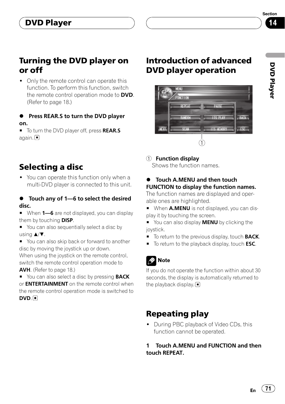 Operation 71, Repeating play 71, Turning the dvd player on or off | Selecting a disc, Introduction of advanced dvd player operation, Repeating play, Dvd player | Pioneer AVH-P7600D User Manual | Page 71 / 112