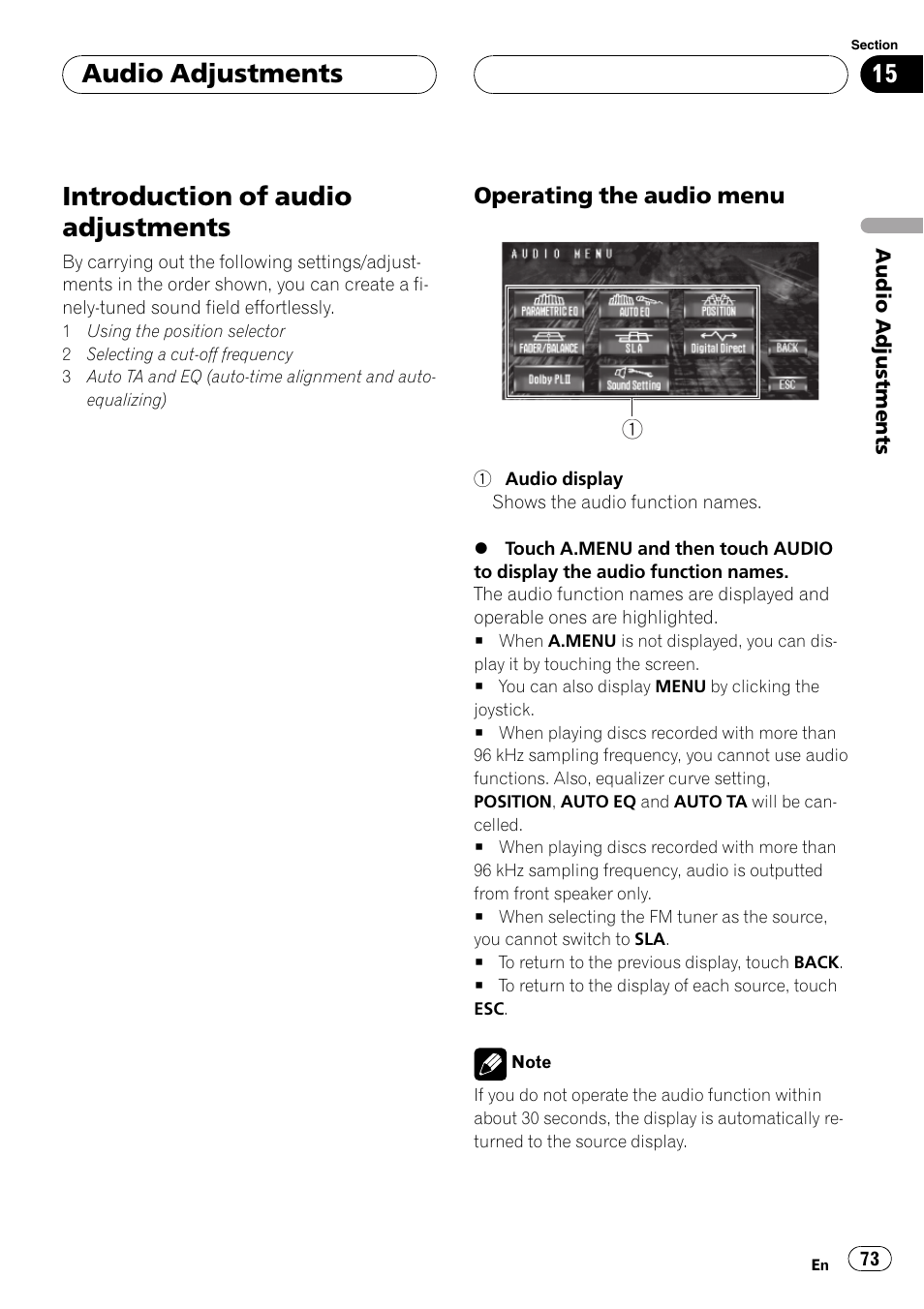 Introduction of audio adjustments, Audio adjustments | Pioneer AVH-P7600D User Manual | Page 73 / 112