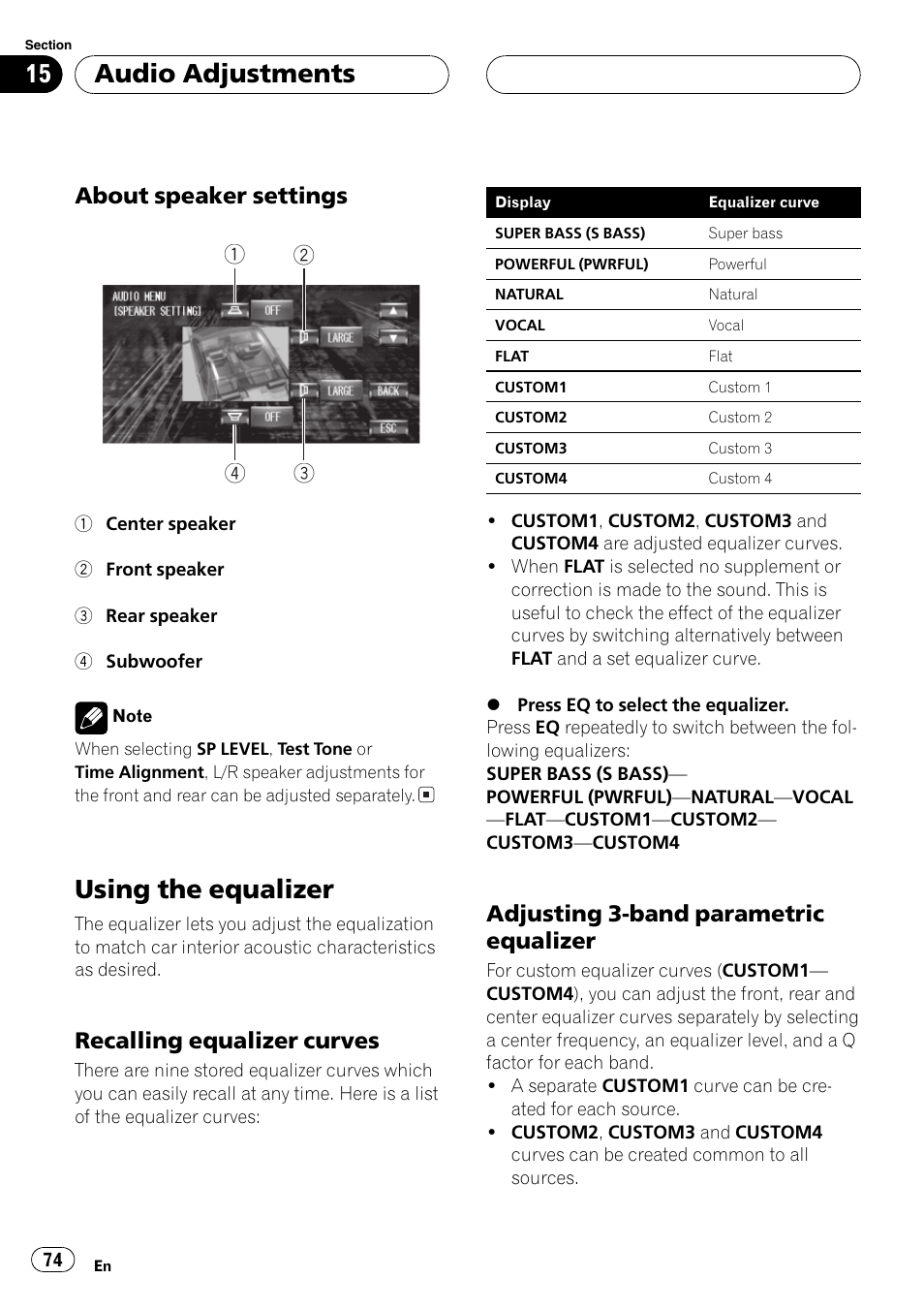 Using the equalizer 74, Using the equalizer, Audio adjustments | About speaker settings, Recalling equalizer curves, Adjusting 3-band parametric equalizer | Pioneer AVH-P7600D User Manual | Page 74 / 112