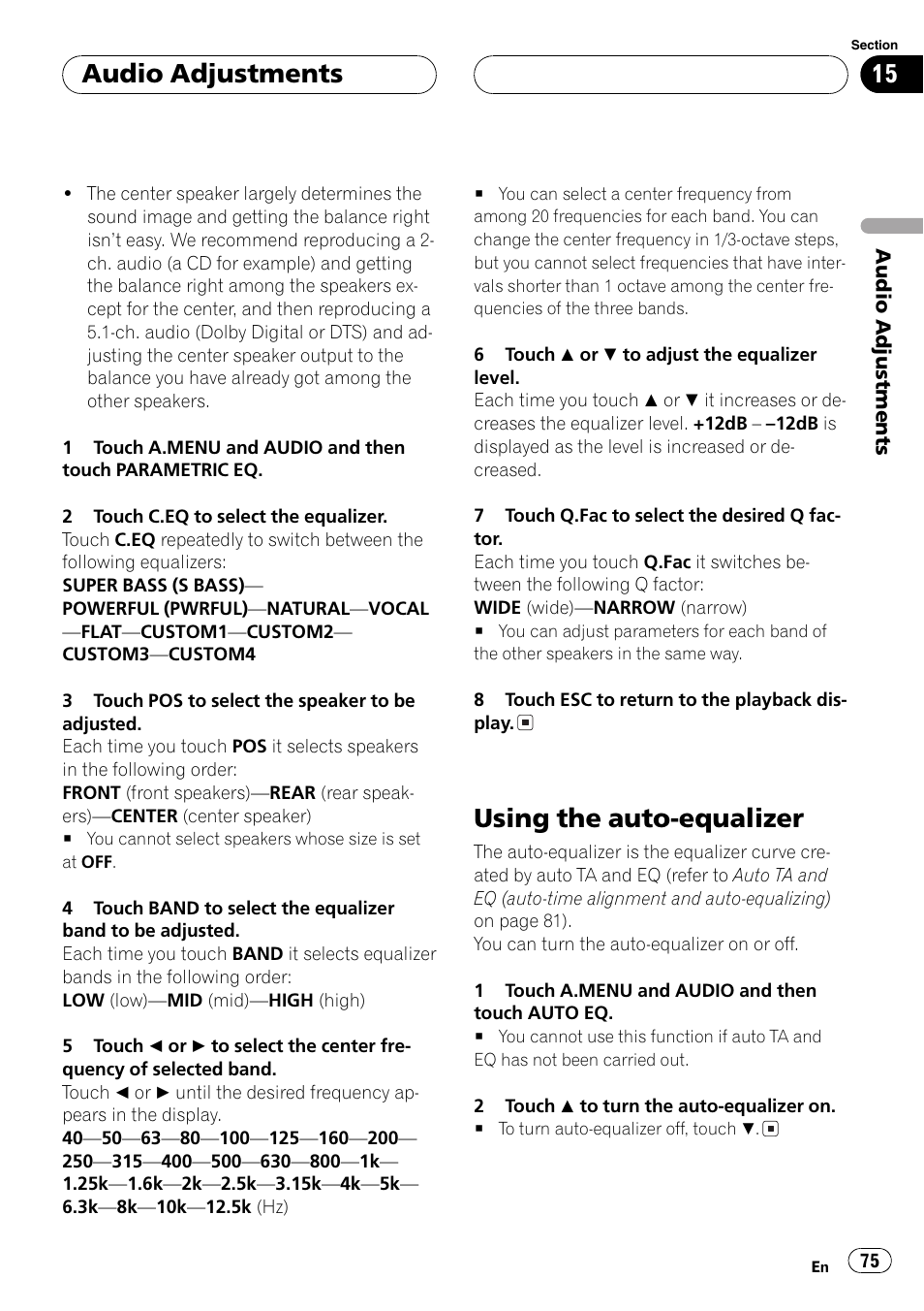 Using the auto-equalizer 75, Using the auto-equalizer, Audio adjustments | Pioneer AVH-P7600D User Manual | Page 75 / 112